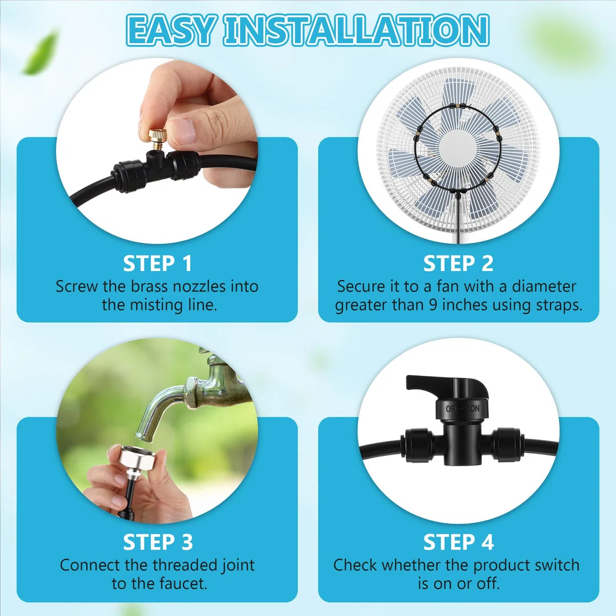 Enhon Kit de ventilador de nebulización para exteriores con filtros, línea de nebulización de 32.8 pies, 5 boquillas de latón, ventilador de refrigeración con válvula de interruptor para patio, jardín