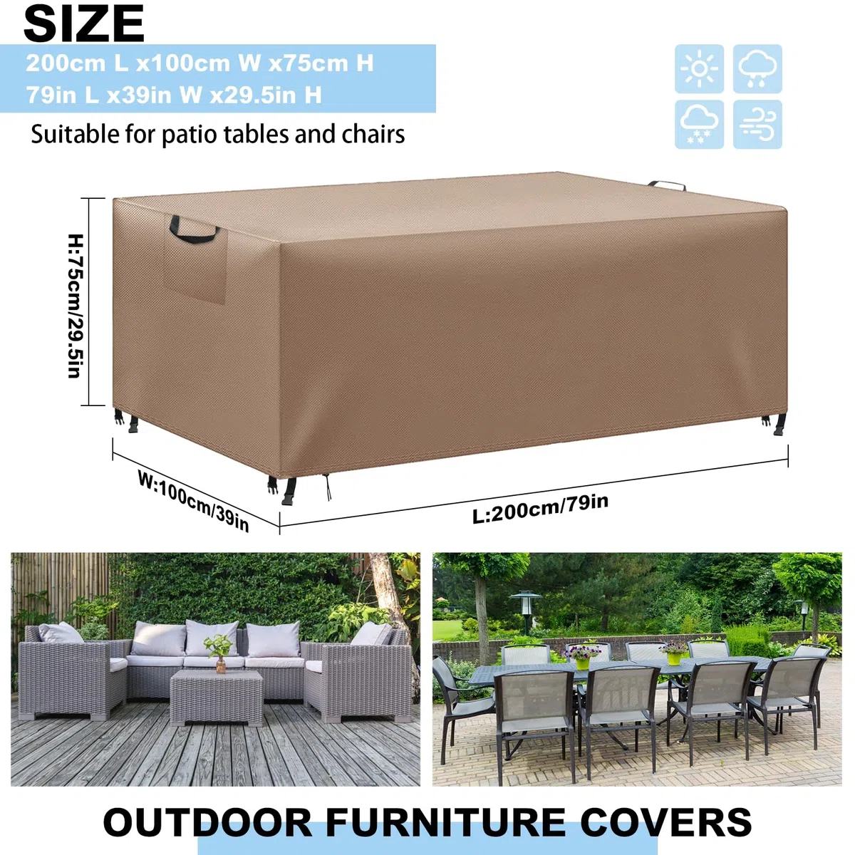 Funda para Muebles de Jardín Exterior, Funda Mesa Exterior Impermeable, Tela Oxford 420D, Anti Viento, Anti UV Funda Protectora Mesa Exterior con Salidas de Aire,Caqui, 200x100x75 cm