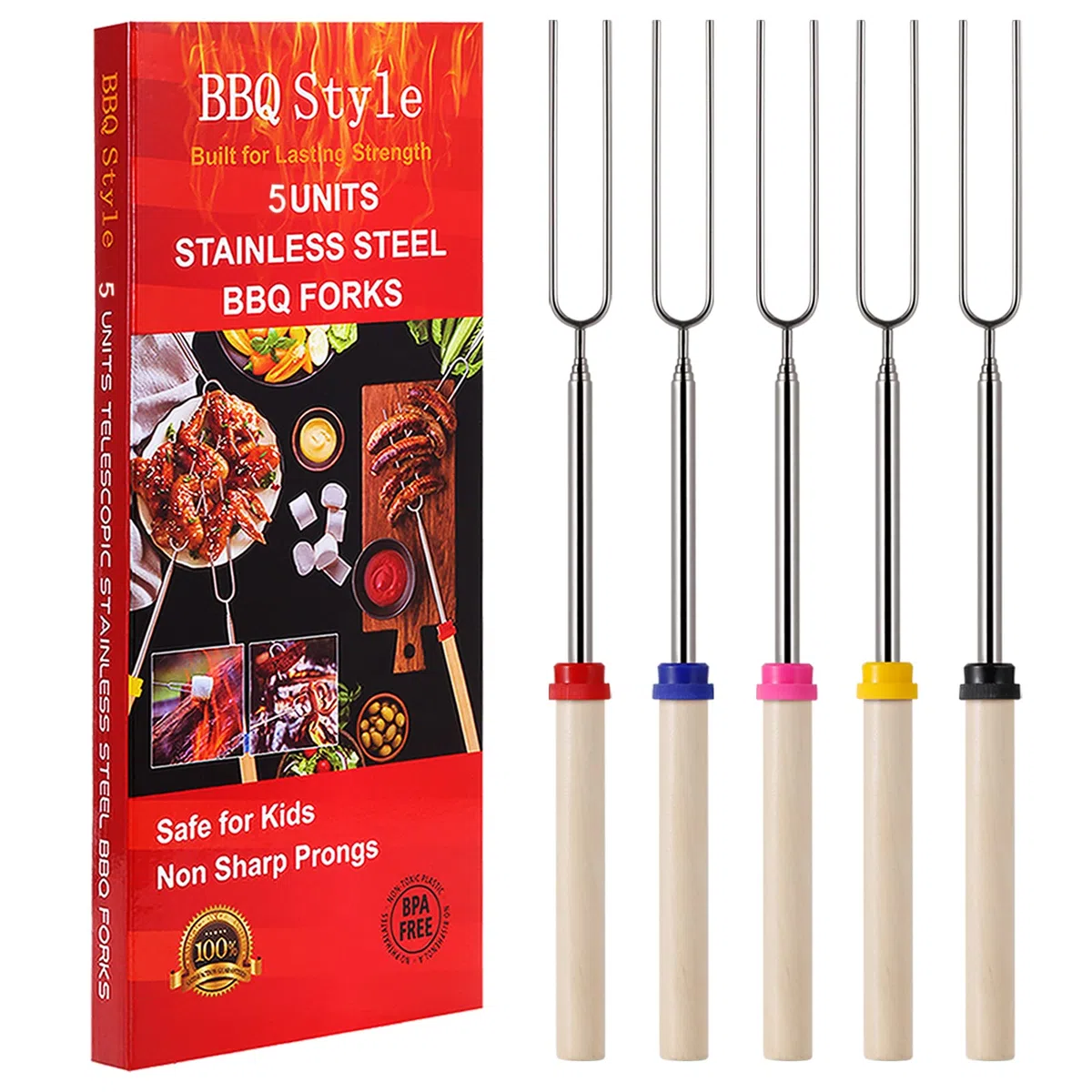 5 palitos de asado de malvavisco, palos telescópicos para hoyo de fuego abierto, 32 pulgadas de largo, tenedores de barbacoa para barbacoa, brochetas para fogata, camping, hotdog