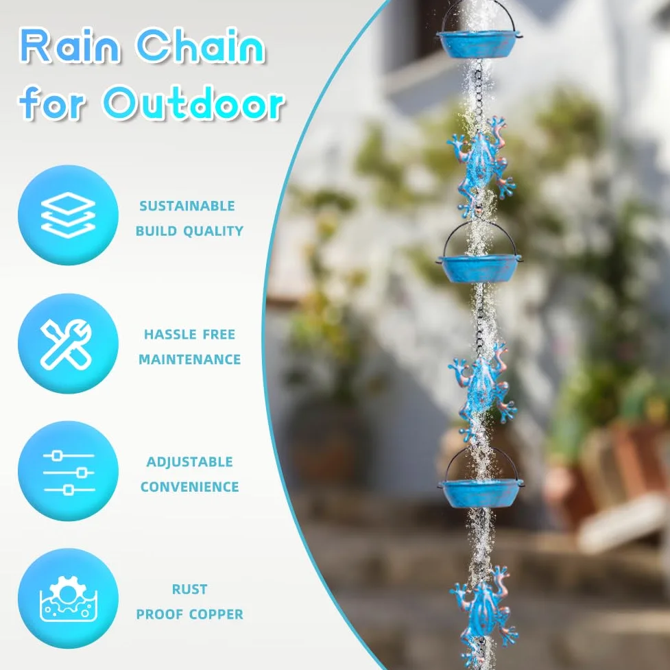 Cadena de Lluvia, Cadenas de Lluvia de Rana de 11.4 pies con 12 Tazas, Cadenas de Lluvia de Repuesto funcionales y Decorativas para Exteriores