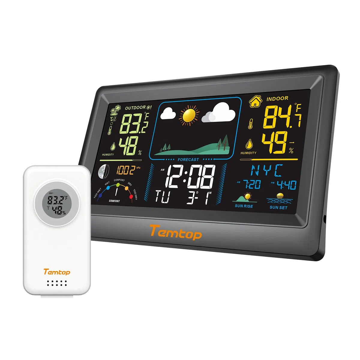 Estación meteorológica digital Temtop con sensor exterior, previsión meteorológica, temperatura y humedad interior y exterior, despertador, calendario, fase lunar, 3 canales, para casa, oficina