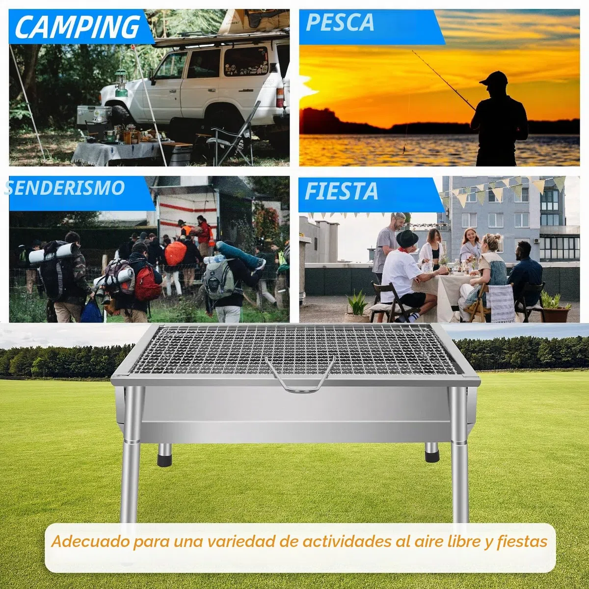 Barbacoa de carbón de madera inoxidable ajustable barbacoa desmontable de acero portátil barbacoa al aire libre parrilla de pie para jardín de picnic camping