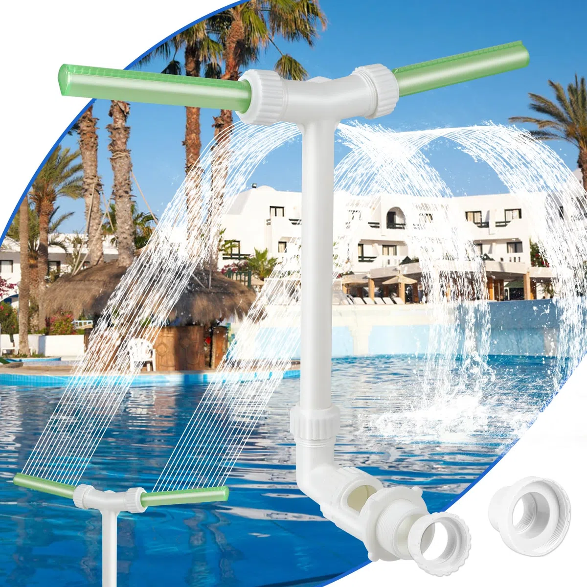LALAGO Fuente de Piscina, Fuente de Agua Ajustable de Doble Chorro, Fuente Piscina Cascada con Adaptador, Fuente para Piscinas para Piscinas Exteriores Enterradas y sobre el Suelo(Fluorescente Verde)