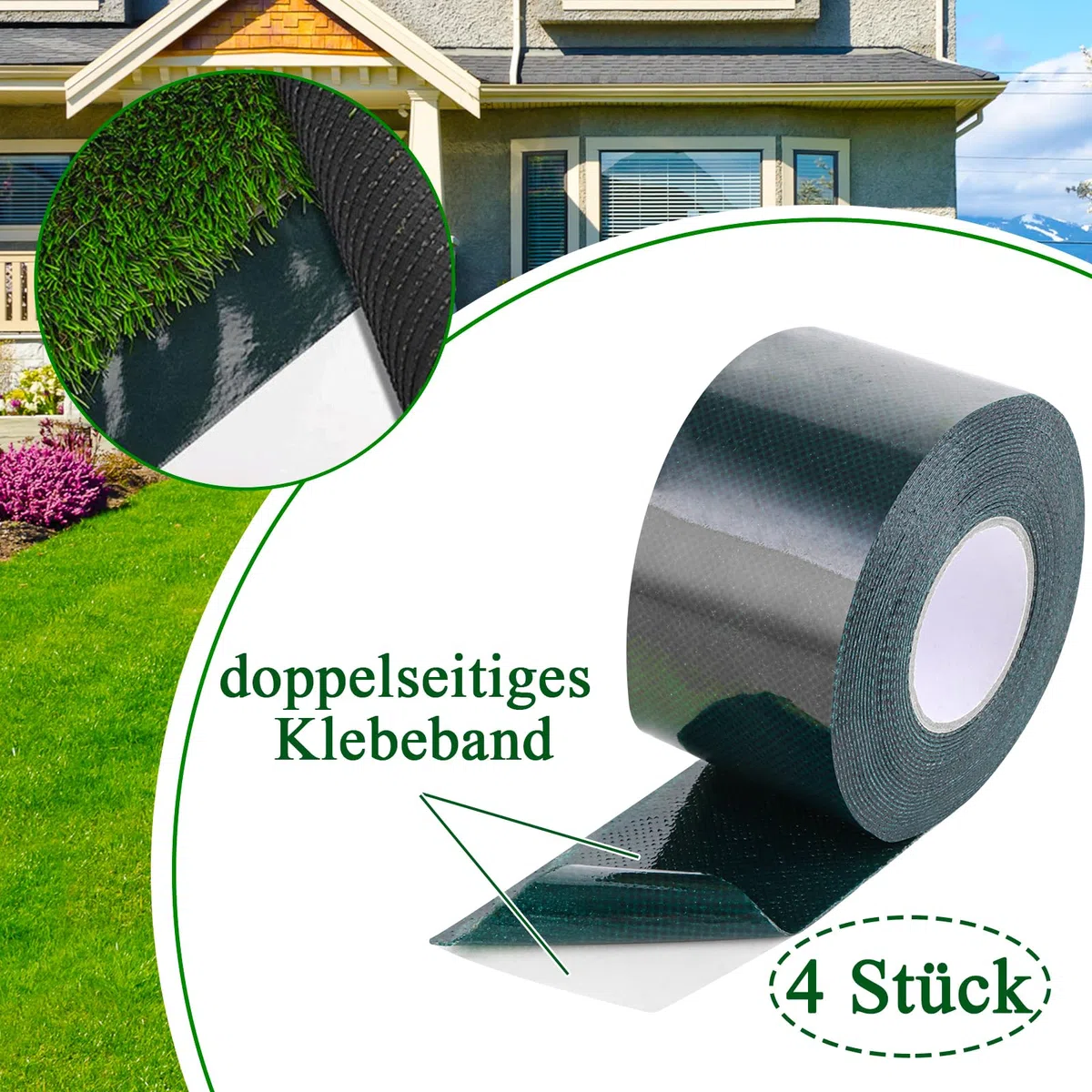 4 cintas adhesivas de césped artificial de 5 cm x 5 m, cinta adhesiva de césped artificial de doble cara, cinta de césped artificial, cinta autoadhesiva para césped, césped verde, exterior,