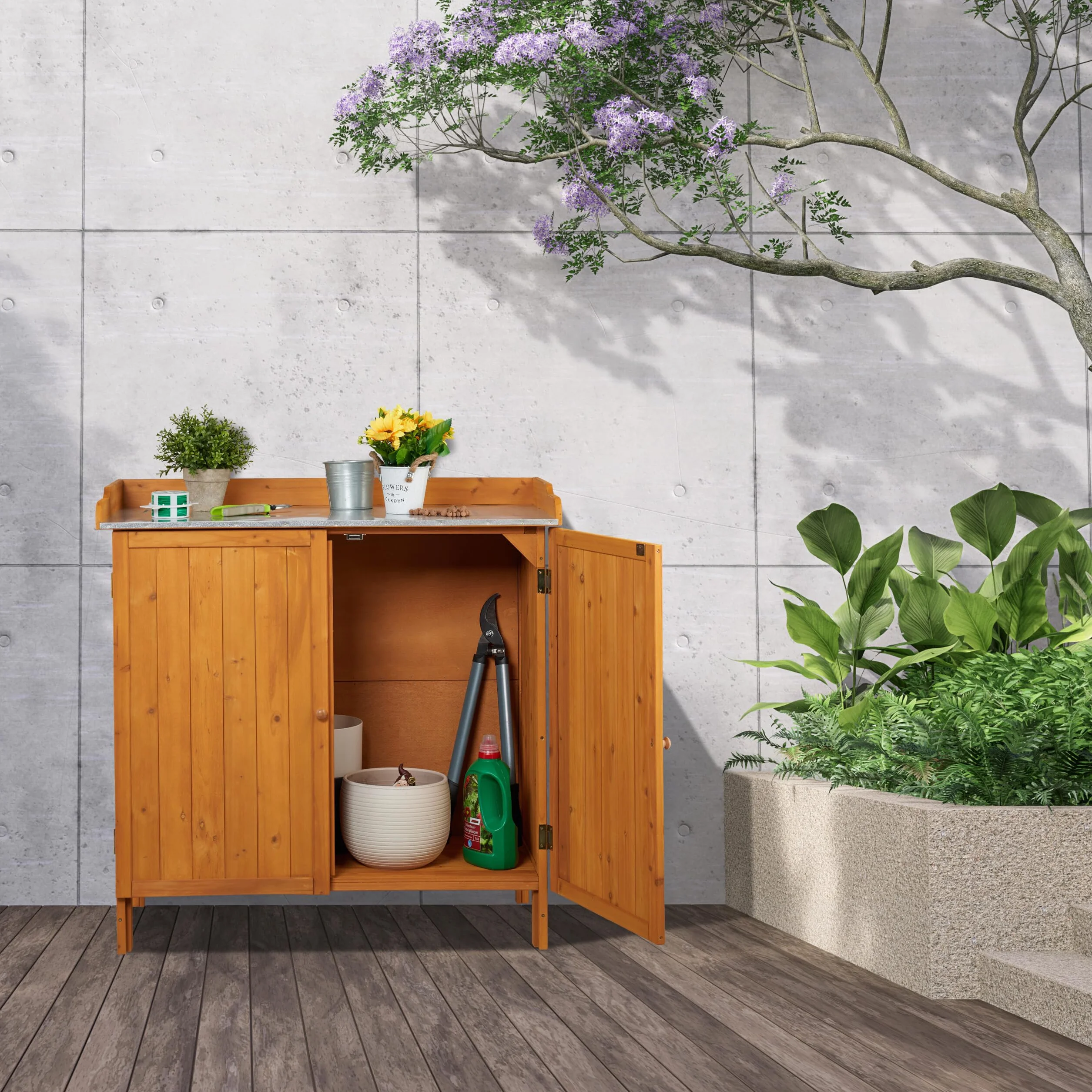 Relaxdays Mesa de Cultivo, Armario Almacenamiento Inferior, Madera, Superficie de Peltre, 94 x 94 x 47 cm, Naranja