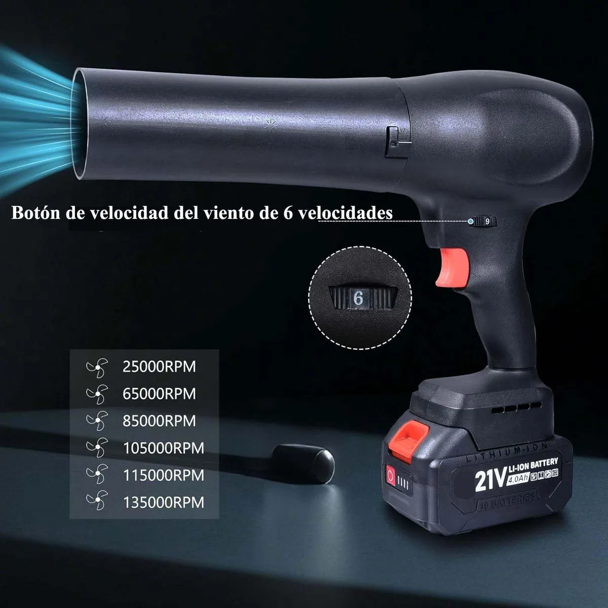 Soplador de Turbo Inalámbrico con 1 x 4000mAh Batería, Soplador de Hojas sin Escobillas 130.000RPM, Mini Soplador de Aire Eléctrico para Limpieza de Hojas, Nieve, Polvo, con Boquilla Extendida