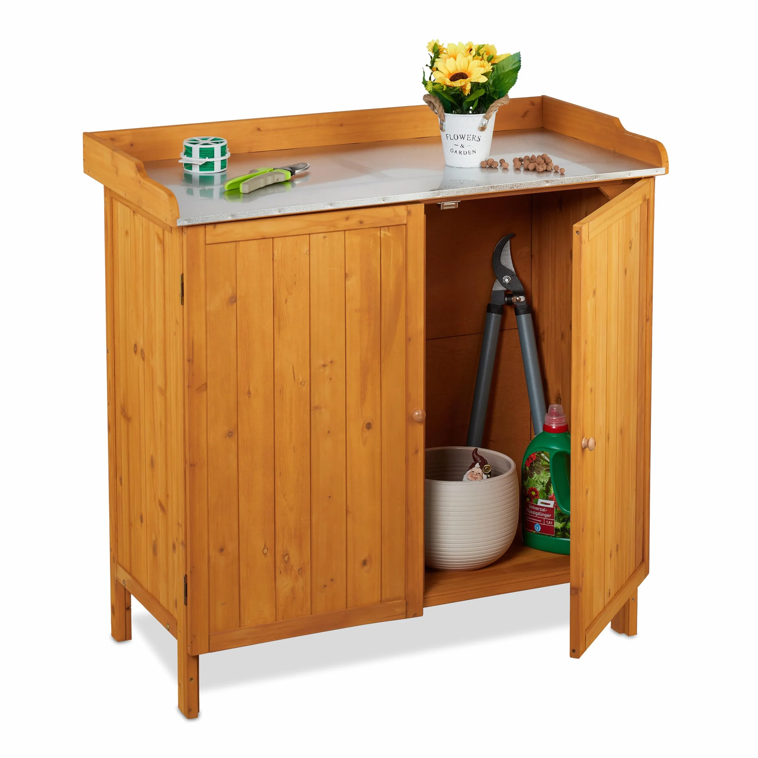 Relaxdays Mesa de Cultivo, Armario Almacenamiento Inferior, Madera, Superficie de Peltre, 94 x 94 x 47 cm, Naranja