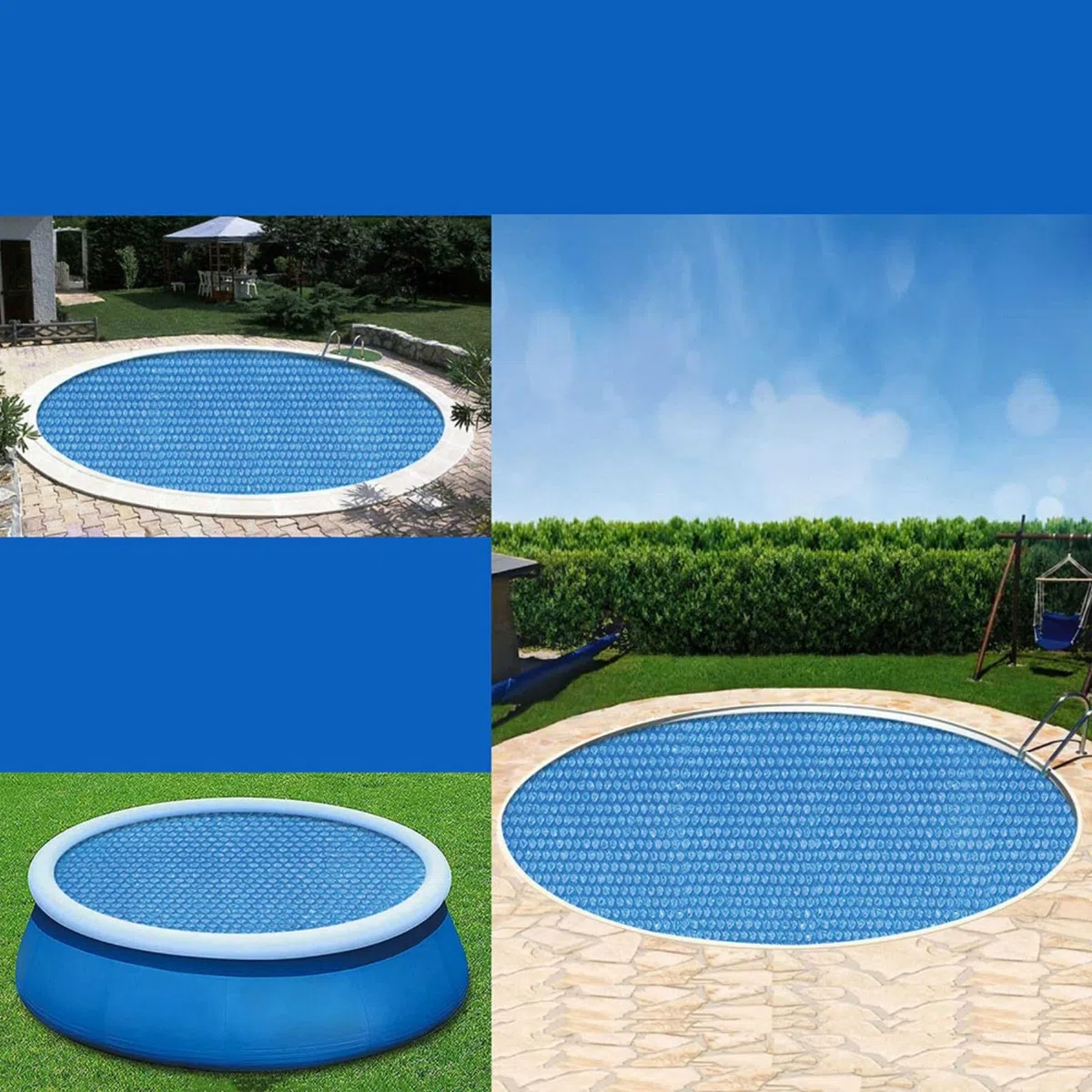 1 cubierta de manta solar redonda para piscina sobre el suelo, película de burbujas de polietileno, retención de calor y protección contra escombros, azul 300 cm, jardín al aire libre para uso de ocio