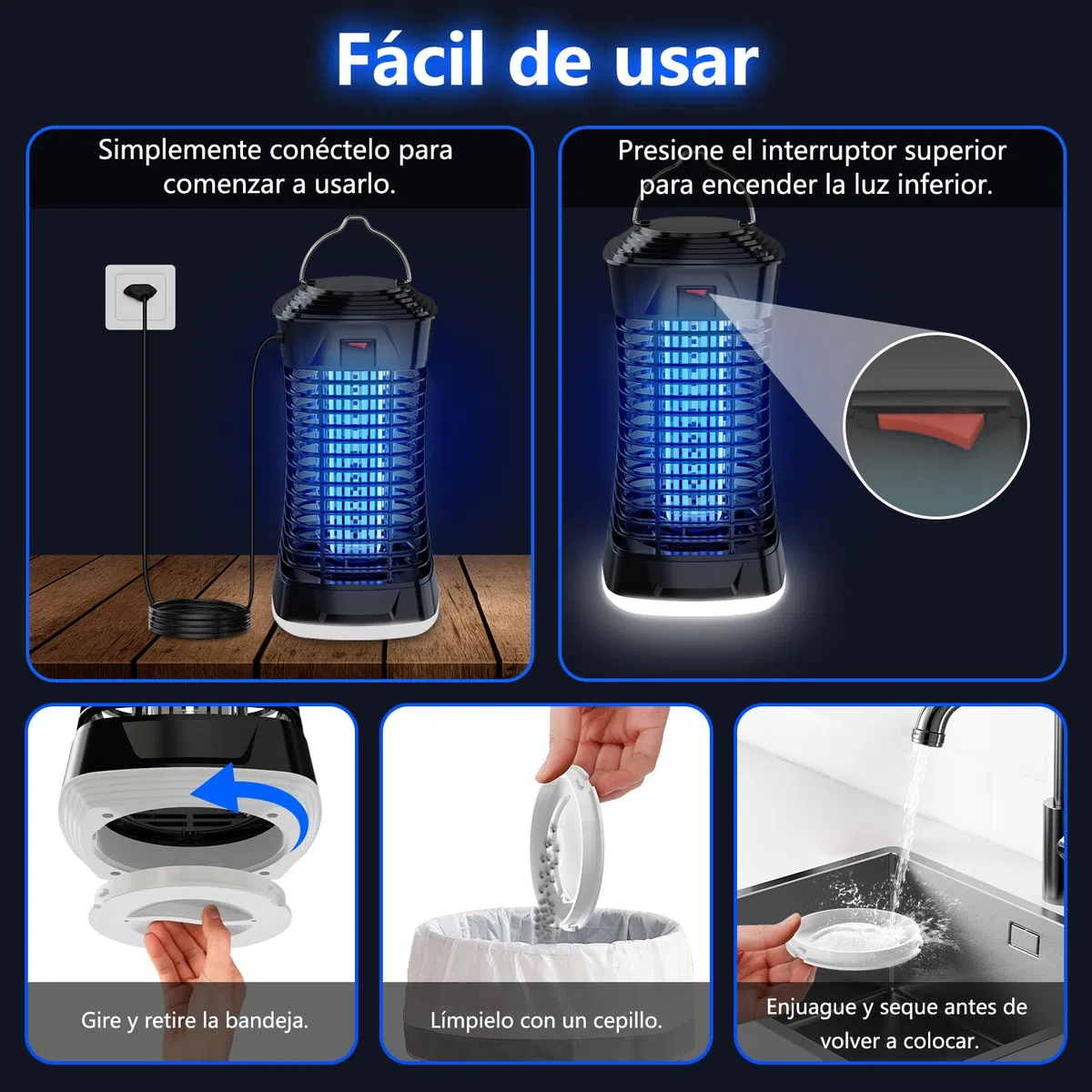 Loowoko Lampara Antimosquitos Exterior, Matamoscas Electrico Interior, 4200V Mata Mosquitos Electrico Exterior, Cable de 3m, Con luz en la parte inferior para camping, patio,dormitorio y sala de estar