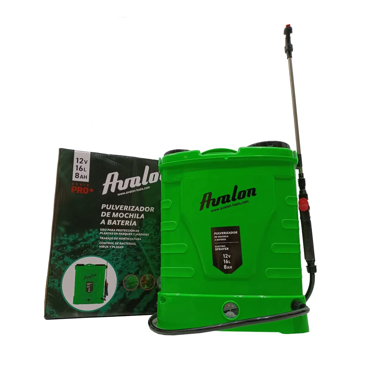 Avalon - Pulverizador de Mochila a Presión con Batería Recargable, Tanque 16L, Lanza INOX Verde. Incluye arnés, Cargador y Set de boquillas de pulverizado