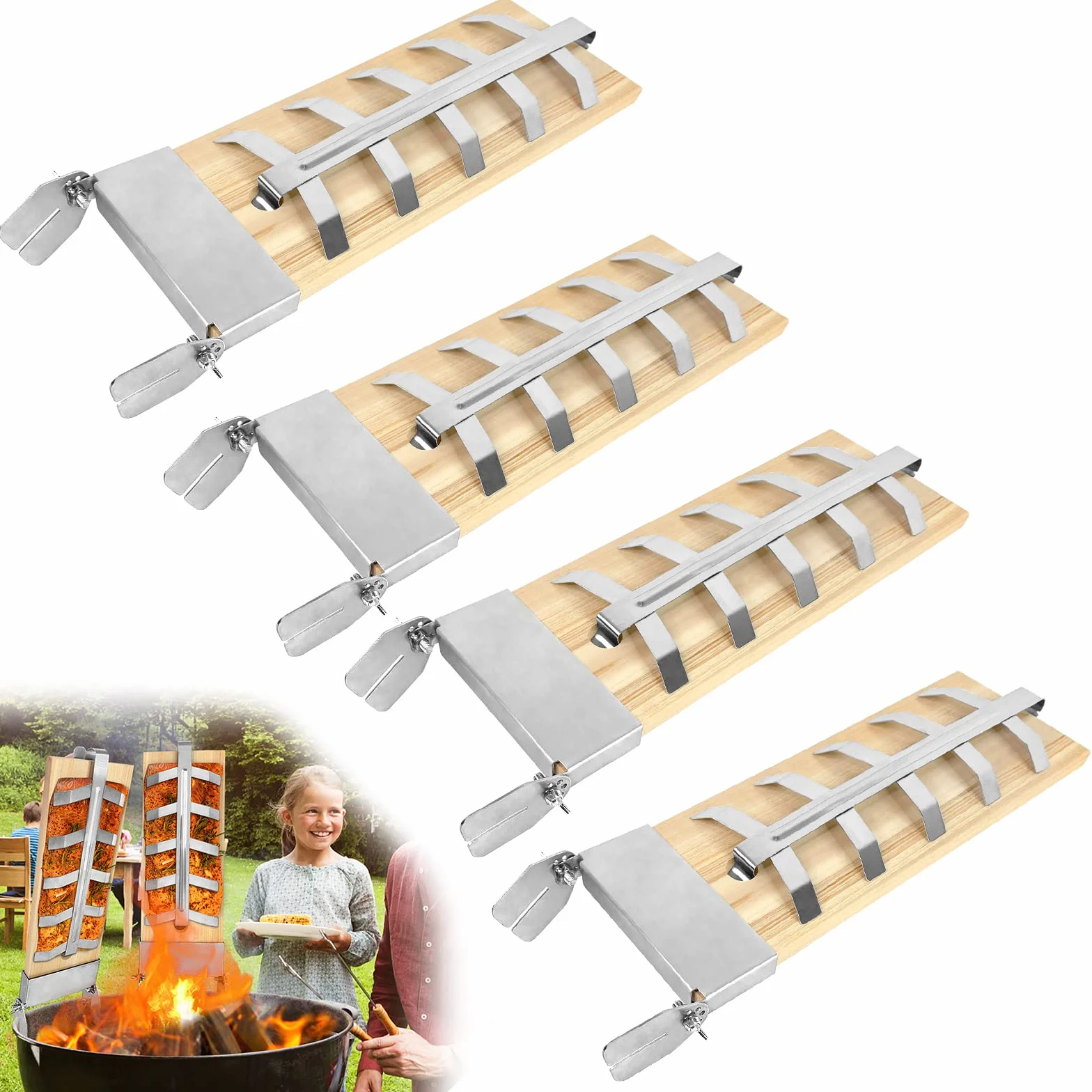Tabla de salmón de llama con soporte de acero inoxidable, 4 piezas, tabla de madera de cedro para barbacoa, 5 niveles, tablas de barbacoa ajustables, para brasero