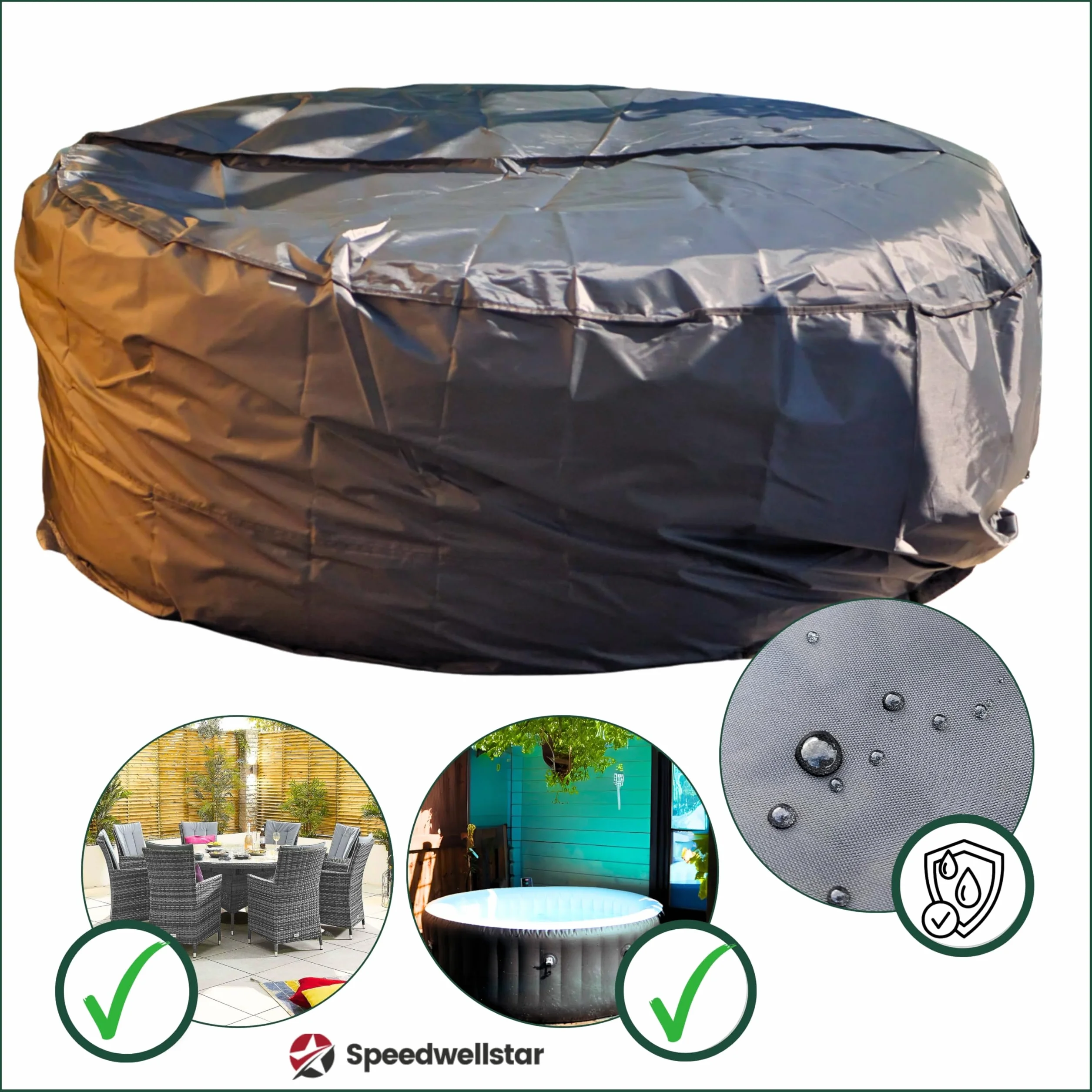 Speedwellstar Funda Redonda Ajustada para Mesa de Jardín y Piscina de hidromasaje, Cubierta Impermeable de 210 cm con Cordón, Resistente a la Intemperie Gran Cubierta