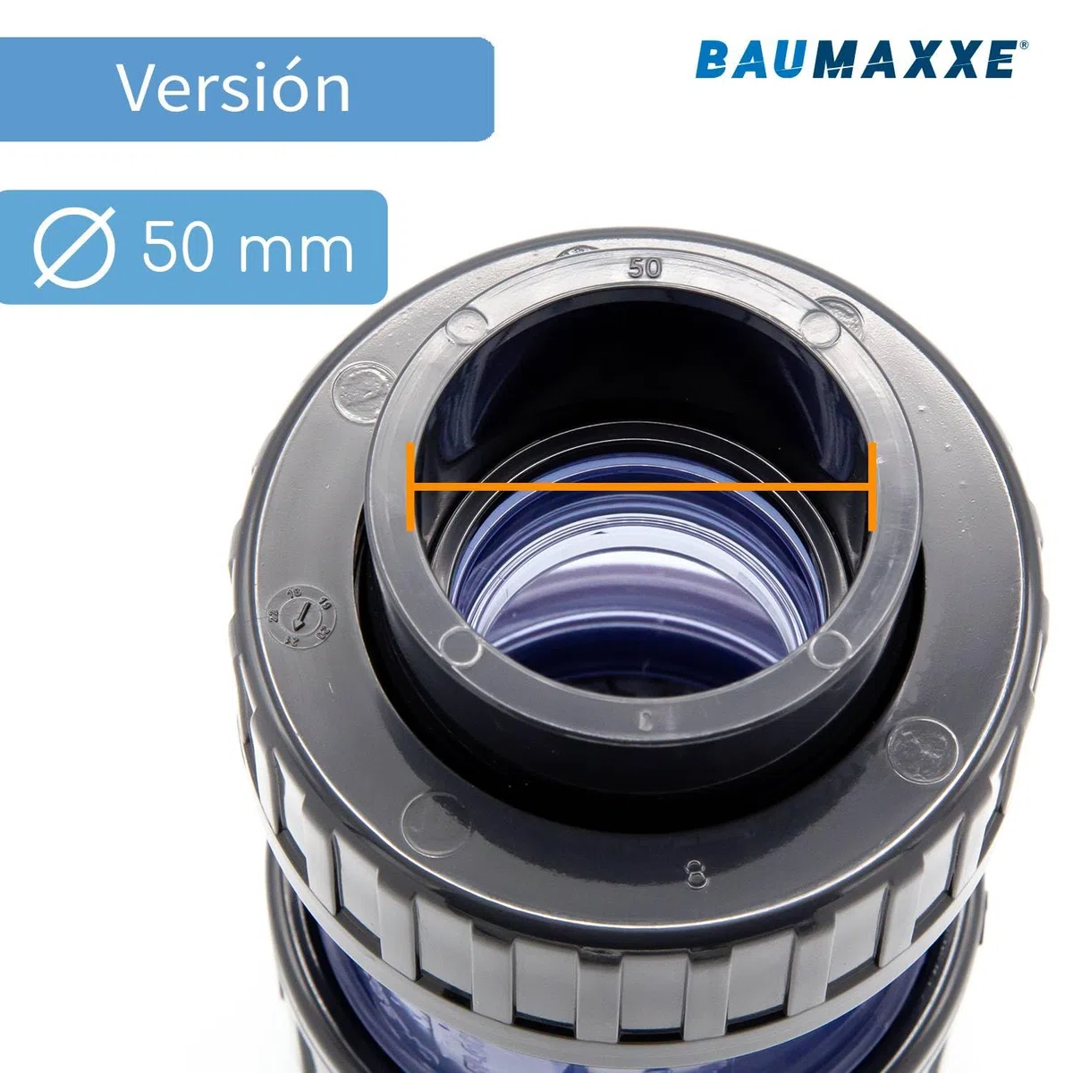 Manguito PVC para encolar con visor transparente I Unión recta DN50 50 mm (1 1/2") PN16 PVC-U I Racor para tubería de presión en piscinas y riego I bm325
