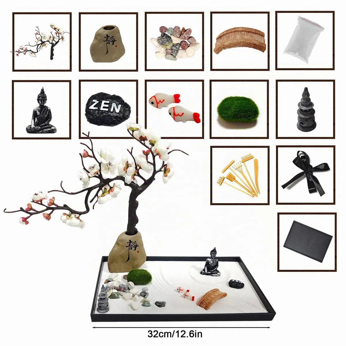 Kit de jardín zen japonés, mini decoración del hogar de jardín zen, arena zen, mini adorno de roca de arena, accesorios de meditación y regalo, adornos de jardín japoneses