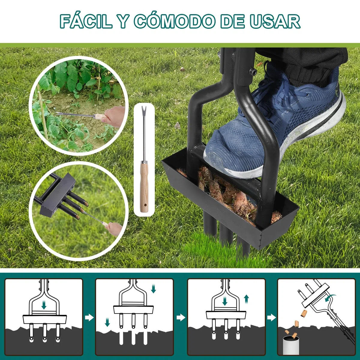HYCHIKA Aireador de Césped, Aireador de Púas Huecas con 3 Púas Huecas, Caja de Recogida de la Columna de Tierra, Mango en T, Herramienta Manual de Aireación de Césped para Jardín, Cuidado del césped
