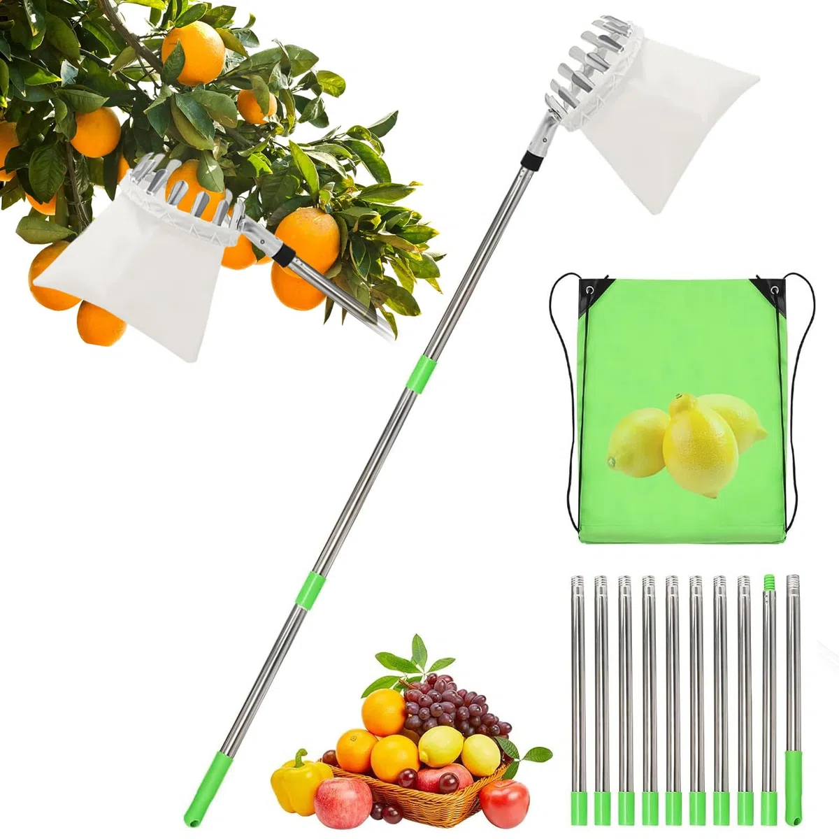 4m Recogedor de Frutas Telescopico, Diámetro de 16 cm, Recogedor de Cerezas con Bolsa de Algodón, Recogedor de Frutas de Acero Inoxidable, Cesta Recogedora de Manzanas para Peras Cerezas Ciruelas