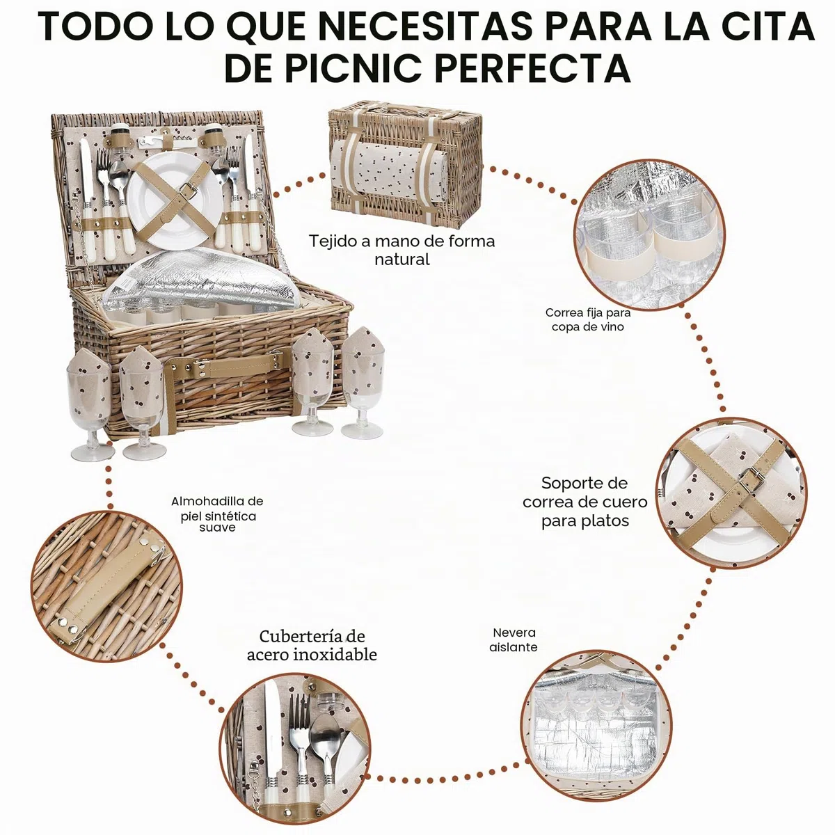 Juego de Cesta de Picnic Willow para 4 Personas con Bolsa térmica Grande y Manta Impermeable de Picnic, Cesta de Mimbre para Camping, al Aire Libre, día de San Valentín, Navidad, cumpleaños, etc.