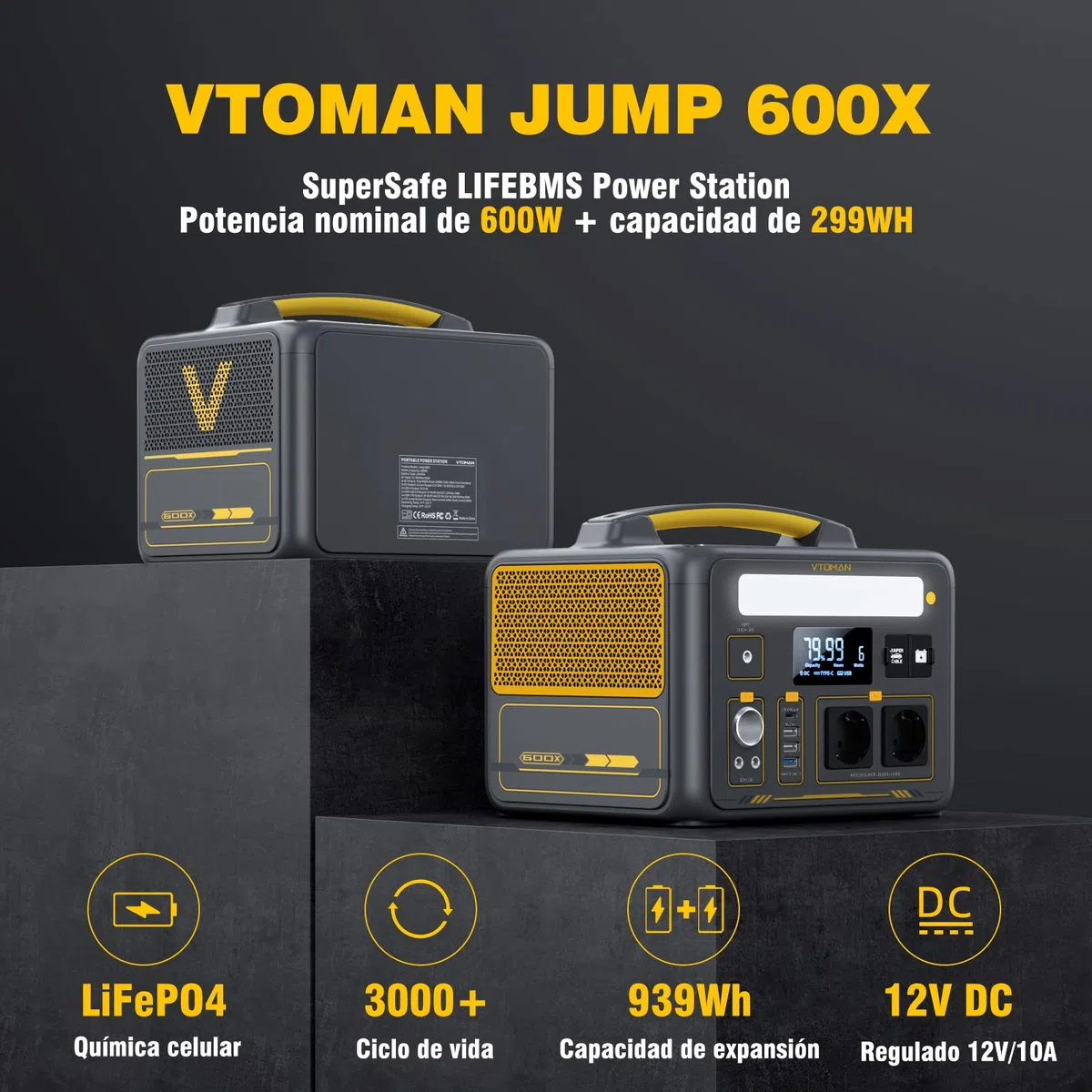 VTOMAN Jump 600X Estación de Energía Portátil con Cable de Arranque, 600W Generador Solar LFP Batería, 2 Salidas CC Ajustable a 12V/10A, 299Wh Capacidad Ampliable a 939Wh para Acampadas y Emergencias