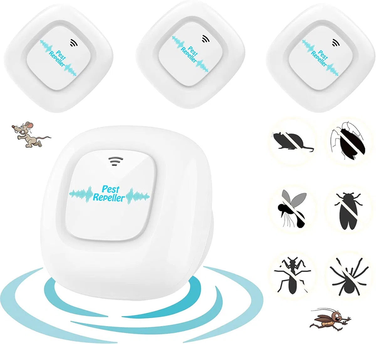 Antimosquitos Eléctrico, Repelente Ultrasónico de Plagas, Ahuyentador de Moscas para Interiores - Mate Mosquitos, Cucarachas, Hormigas, Ratas, Ratones, Insectos, Arañas, Roedores (4 Piezas)