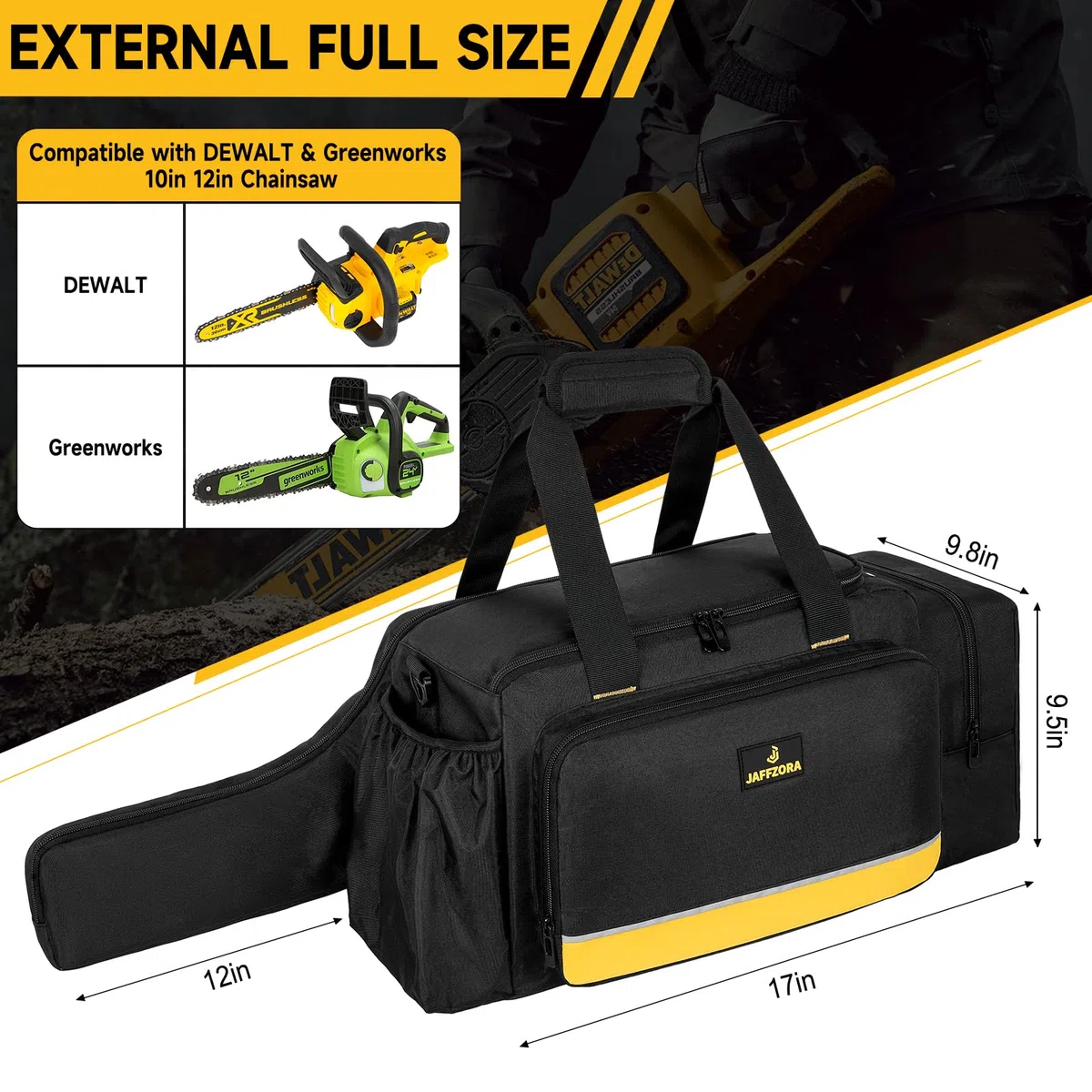 Funda para motosierra, bolsa de almacenamiento impermeable compatible con motosierra inalámbrica DEWALT de 20 V 12 pulgadas y Greenworks de 24 V 12 pulgadas y accesorios, color negro