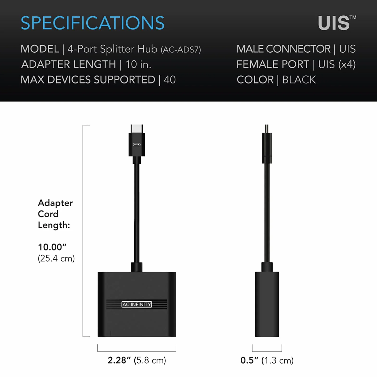 AC Infinity UIS Splitter Hub, adaptador de 4 puertos, cable conector para compartir programación UIS para luces de crecimiento LED, ventiladores de motor EC y humidificadores