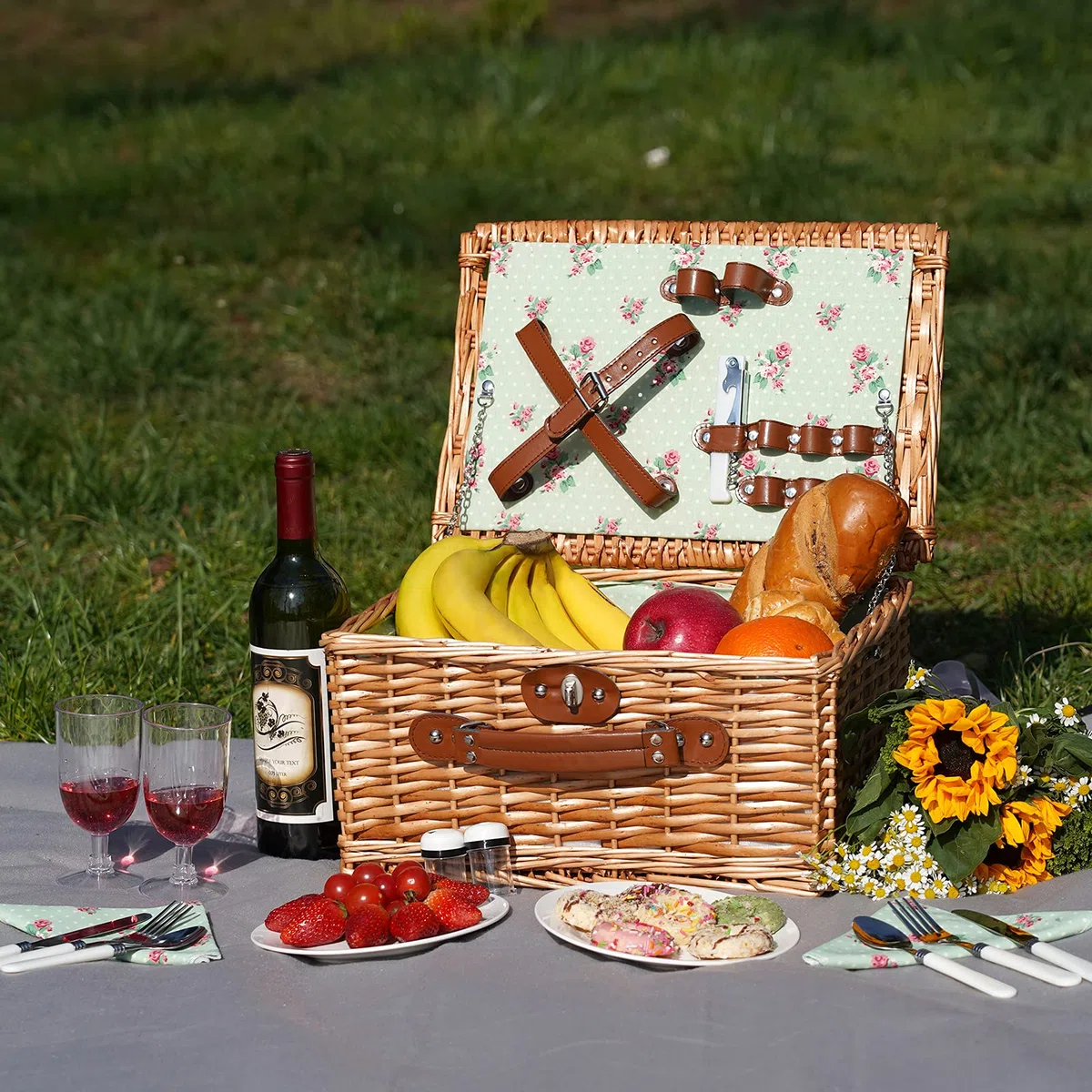 Cesta de Picnic de Mimbre para 2, Juegos de Cesta de Mimbre, Cesta de Picnic Hecha a Mano para 2 Personas con Cubiertos, Picnic, Flor de Camping