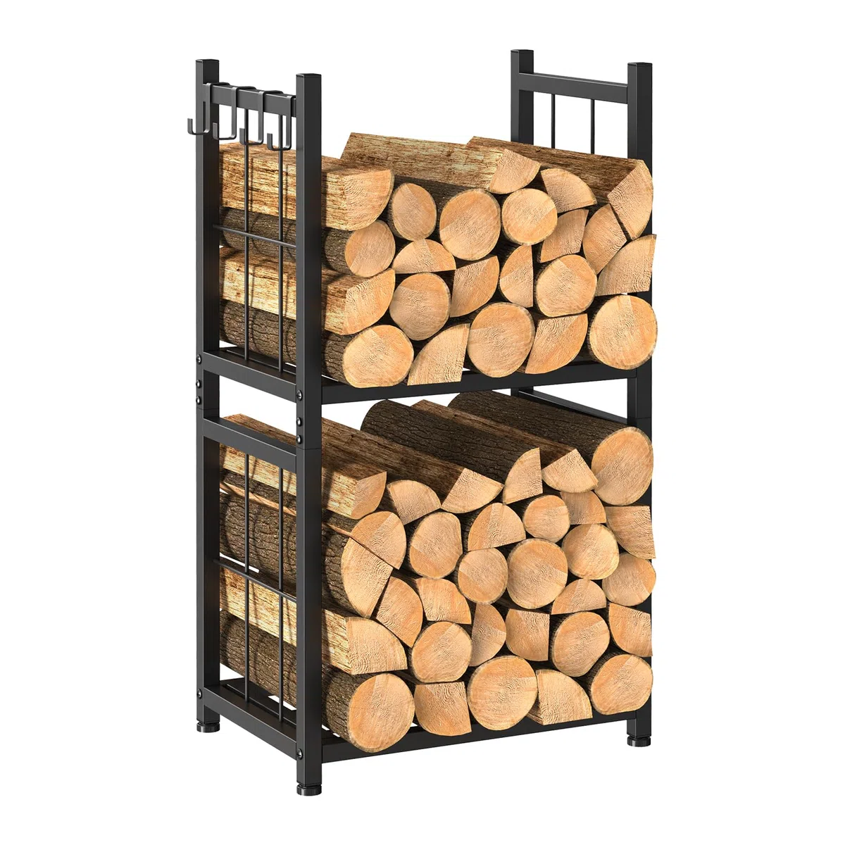 Shinoske Estante para leña de Chimenea con 4 ganchos, 44 x 30.5 x 82 cm, Estante de Leña para chimenea 2 Niveles Leñero Exterior e Interior Metálico, Negro