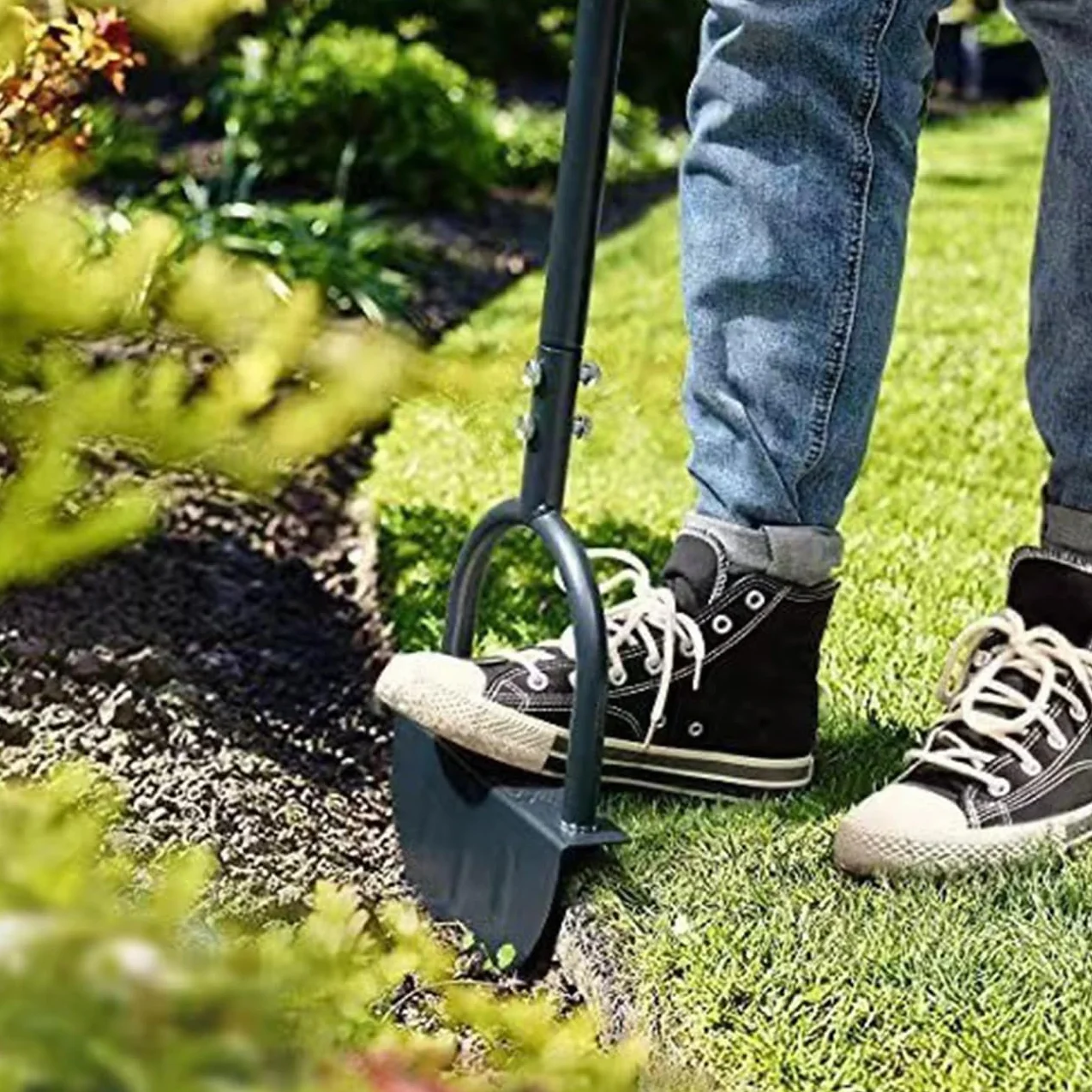 Herramienta de bordes de césped de 96,5 cm, con dientes de sierra, agarre en T, cortadora de césped de media luna, cuchillo de borde de mango largo para bordes de césped