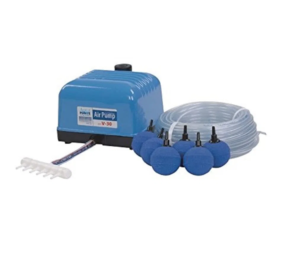 AquaForte Kit de bomba de aire AquaForte Hi-Flow V-30, kit completo con distribuidores de aire, 25 m de manguera de 4 x 6 mm y 6 piedras de aire de 5 cm, capacidad a 2 m de 7 l/m, estanque 18 m3