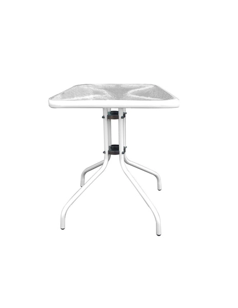 Jardin202 - Mesa de Cristal 60x60x70 cm Cuadrada con Base Metálica Resistente - Ideal para Terraza, Jardín o Balcón | (Blanco)
