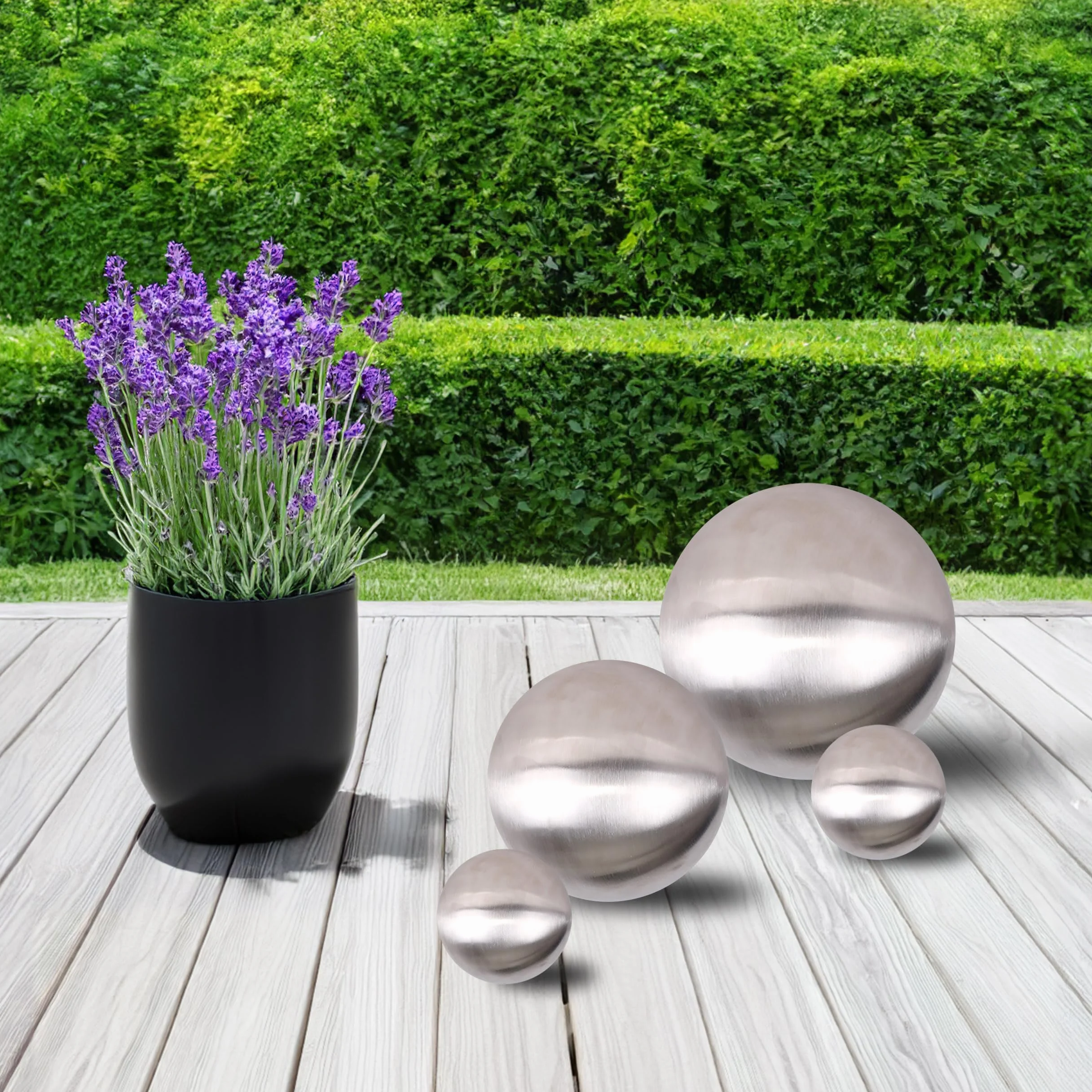 Juego de 4 bolas de jardín de acero inoxidable cepillado mate – 10/15/20 cm – Bola hueca decorativa de metal plateado – Decoración de metal redonda