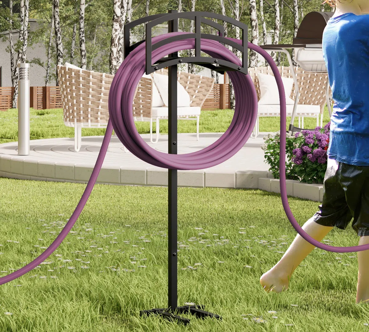 Kingson - Soporte independiente para manguera de jardín, estante de almacenamiento de manguera de agua de metal resistente, con capacidad para manguera de 150 pies, para patio exterior, césped y