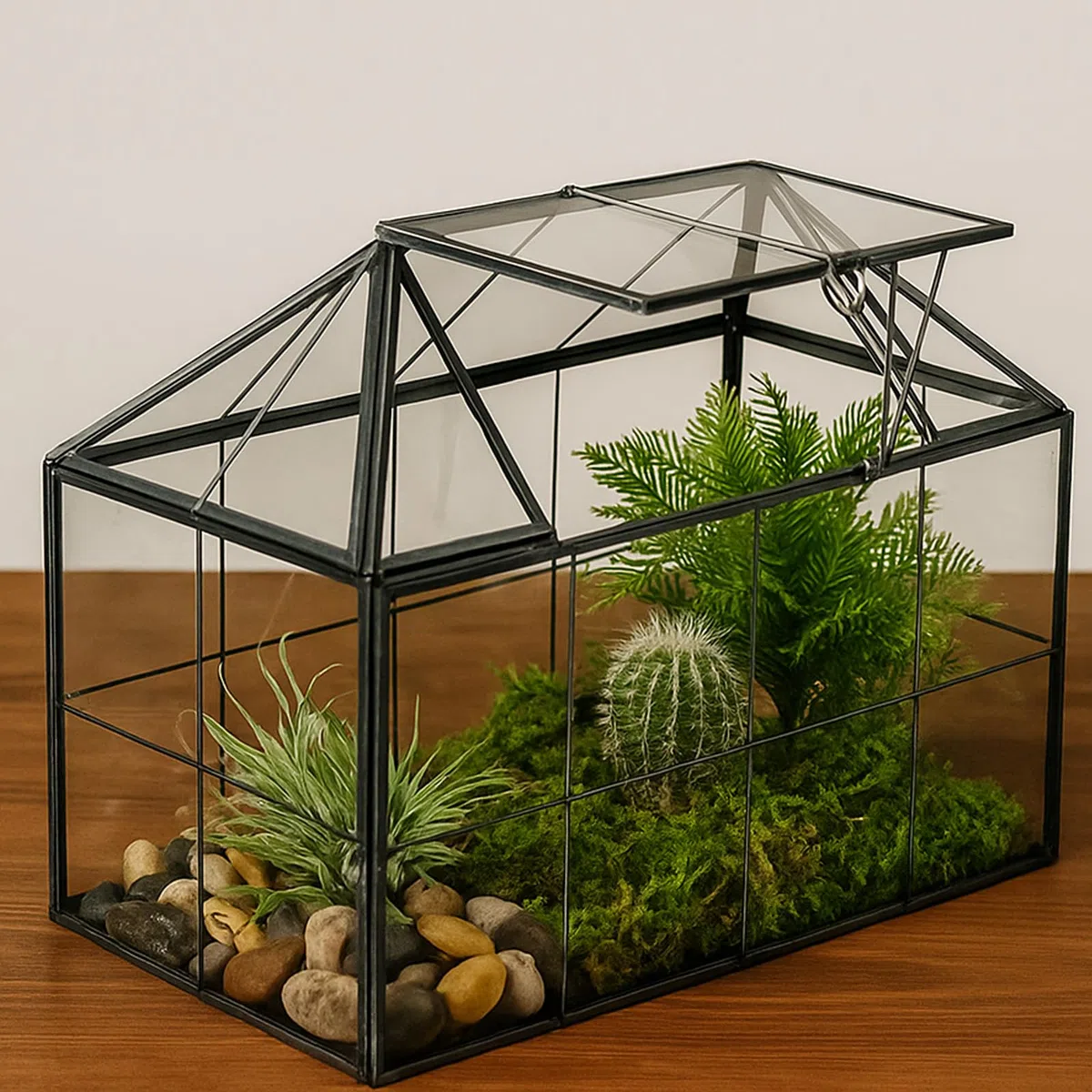Terrario geométrico de Homtone, 23 cm, en forma de casa, negro, hecho a mano, de vidrio, maceta grande para plantas, vintage, para miniaturas de flores de mesa, para plantas suculentas, cactus y