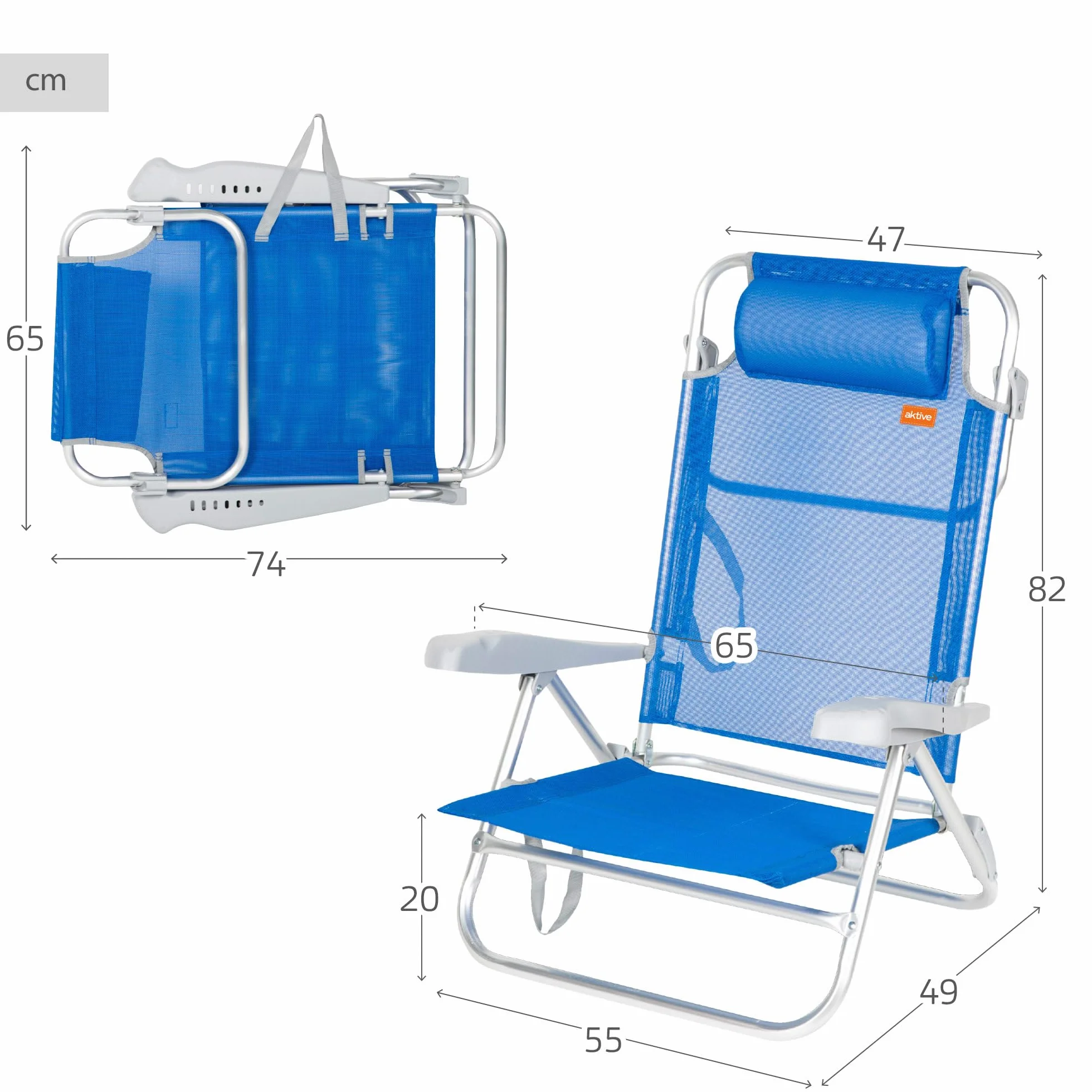 AKTIVE Pack 2 sillas Playa Plegables, Respaldo 8 Posiciones, Convertibles en Tumbona, 47x49x82 cm, De Aluminio y textileno, con cojín Acolchado y Asas de Mano, Máx. 110 kg, Azul (85443)