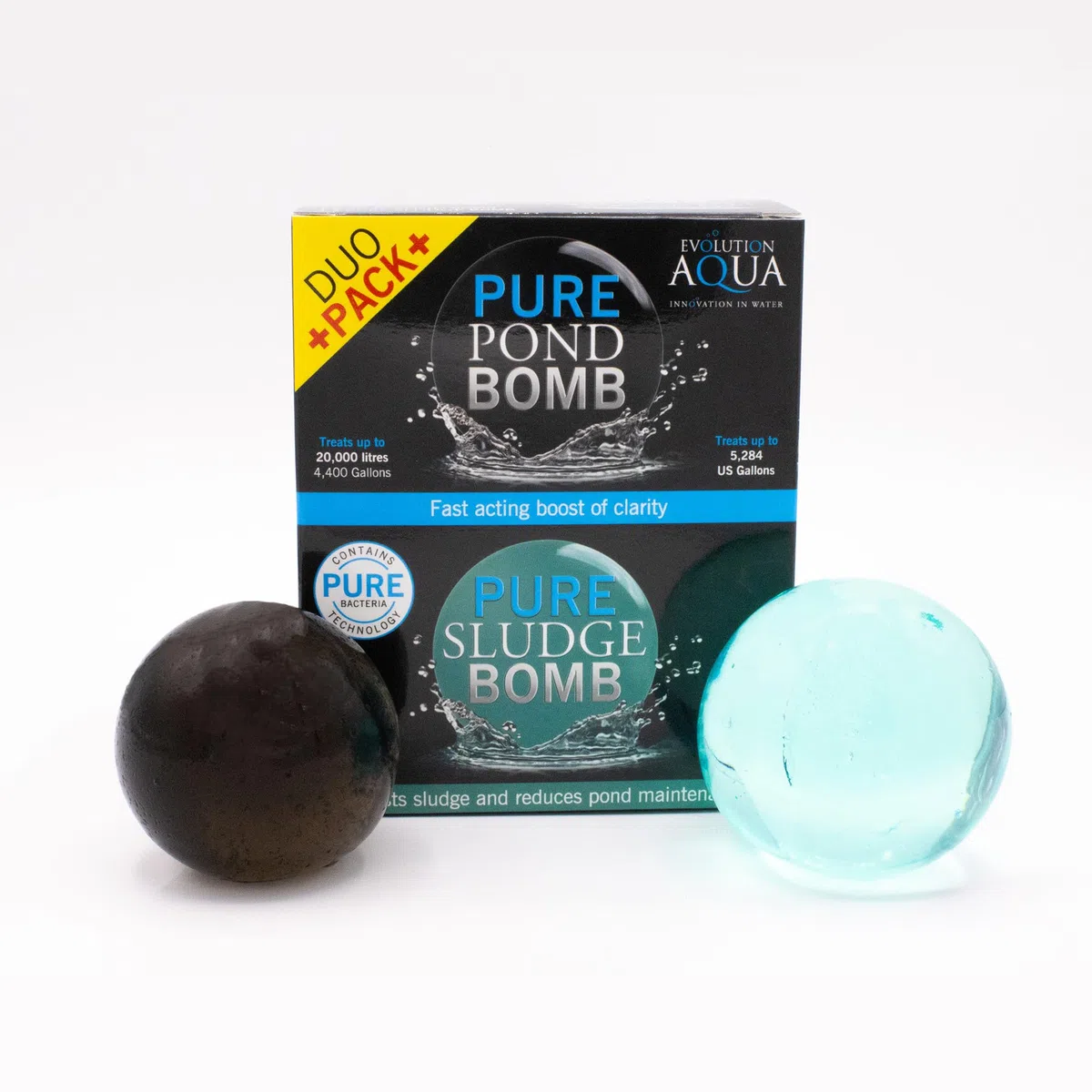 Evolution Aqua Pure Duo Pack - Bomba de estanque y bomba de lodo para estanque, tratamiento de agua transparente, removedor de lodos de estanque, paquete económico Duo ofrece un tratamiento natural