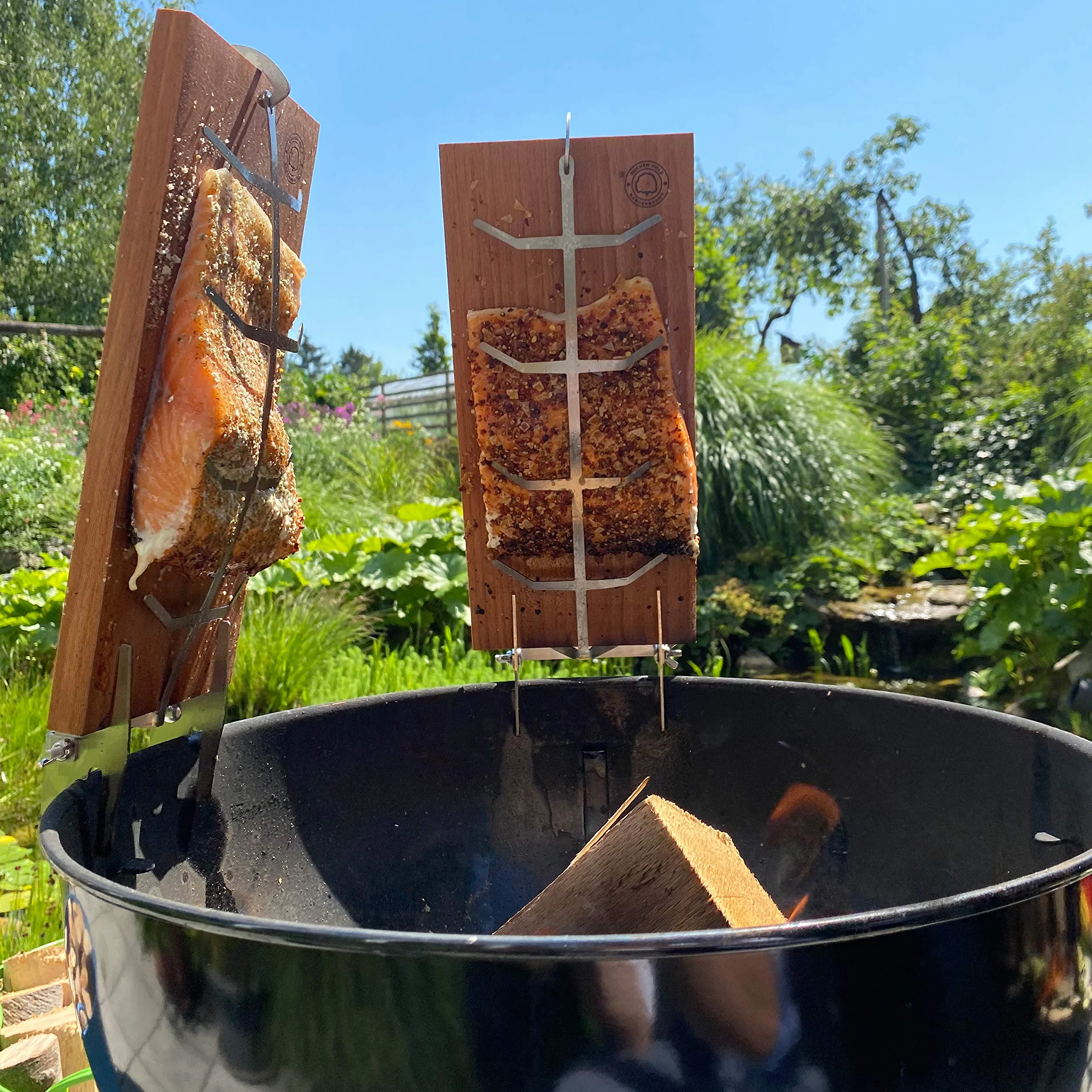 Bargen Tablas de salmón con soporte estable de acero inoxidable, 32 x 15 cm, accesorios para barbacoa para braseros y barbacoas esféricas (juego de 2)