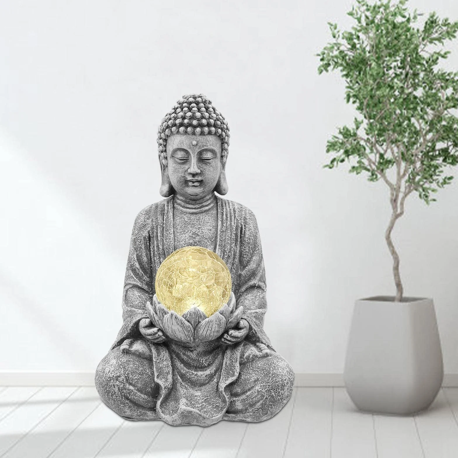 Yeomoo Figura de Buda de meditación para exteriores, decoración de jardín Zen Buda grande con lámpara solar, bola de cristal, figuras de regalo para mamá/mujeres, decoración japonesa para balcón
