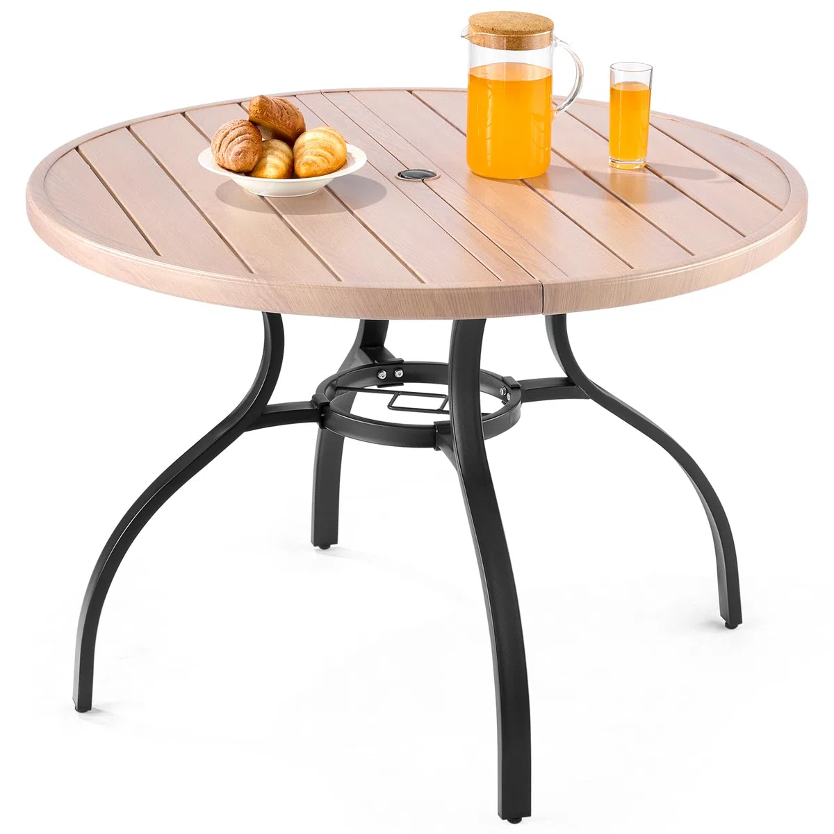 VEVOR Mesa de Patio para Jardín y Balcón, Redonda, de Acero al Carbono, para Exteriores, Patio, Terraza, Impermeable, con Orificio para Sombrilla y Veta de Madera, Carga 68 kg, 1035 x 720 mm