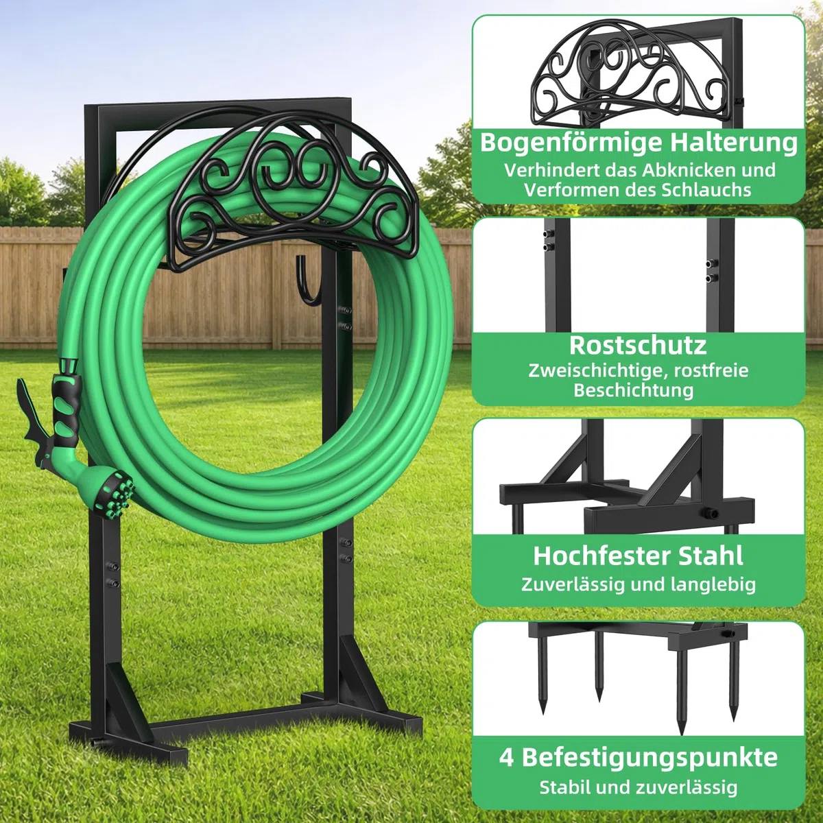 Soporte para manguera de Jardin de 109,5 cm, Soporte para Manguera de Riego de 45 m, con 2 Ganchos para Herramientas y 4 Puntas de Anclaje, Soporte e Independiente para el Jjardín y el Césped