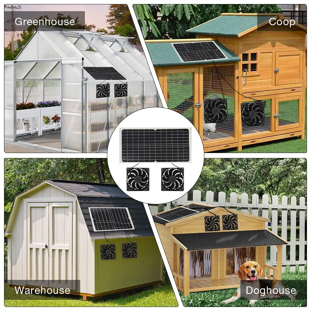Ventilador solar, ventilador con panel solar de 16 W, resistente a la intemperie, con doble ventilador de CC para gallineros pequeños; kit de ventilador con módulo solar para gallineros pequeños, inve
