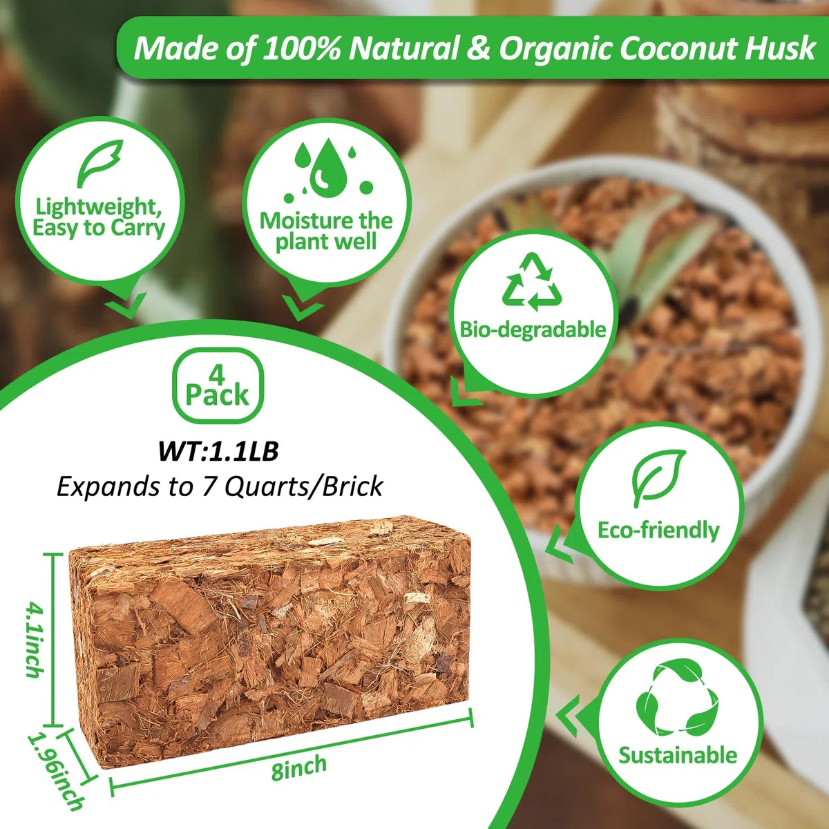 Riare Paquete de 4 chips de coco para plantas, sustrato de coco de alta expansión, mantillo de cáscara de coco para flores de jardín, hierbas, plantación (4)