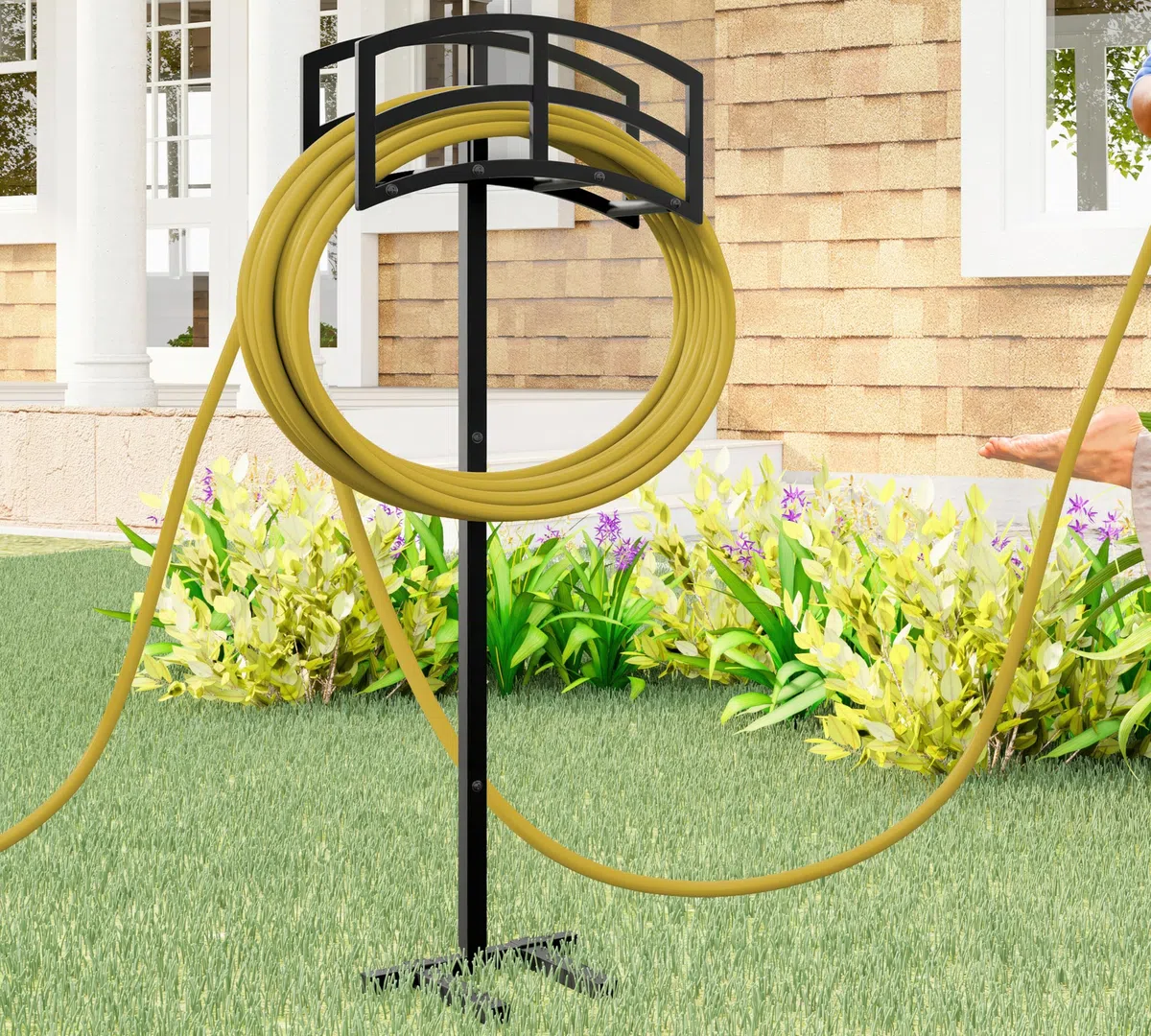 Kingson - Soporte independiente para manguera de jardín, estante de almacenamiento de manguera de agua de metal resistente, con capacidad para manguera de 150 pies, para patio exterior, césped y