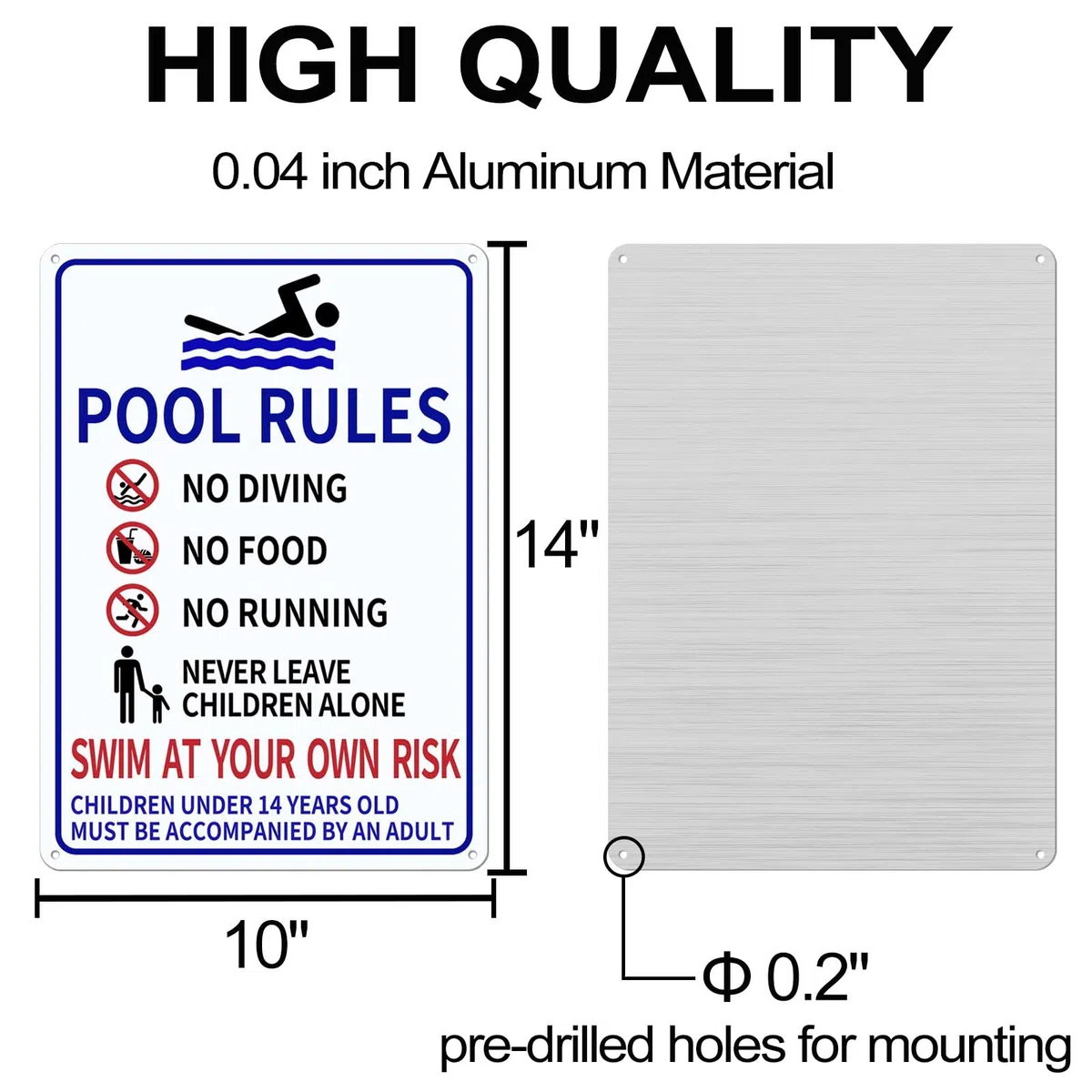 [Paquete 1+1] Letreros de piscina para exteriores, 14 x 10 pulgadas, impresos con "Watch Your Children" y "Swim at Your Own Risk", resistentes a la decoloración y sin óxido, carteles de piscina de