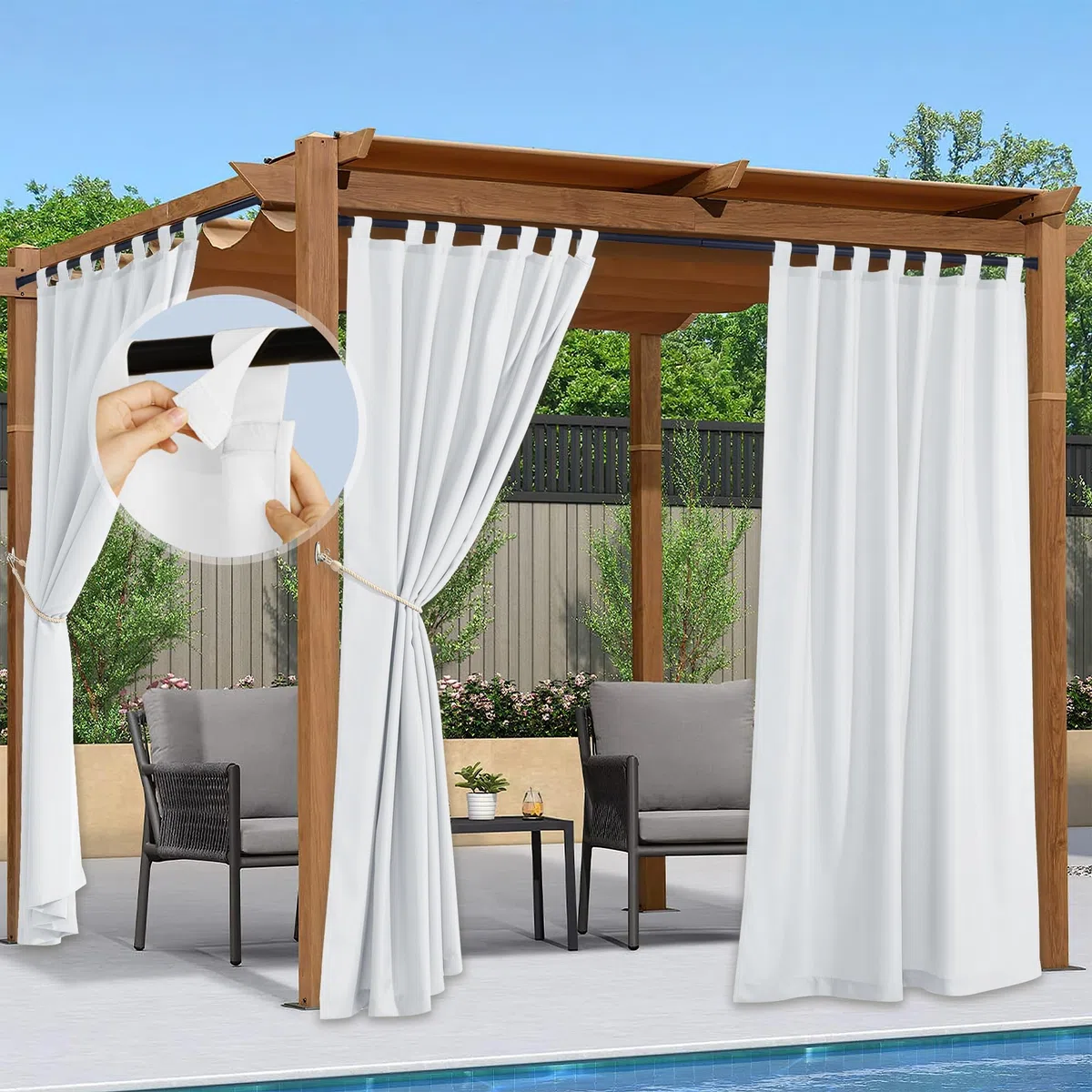 PONY DANCE Cortinas Exterior Terraza Cortinas Impermeable para Pergolas de Jardin Patio Porche con Adhesivas 2 Piezas,140x243cm,Blanco