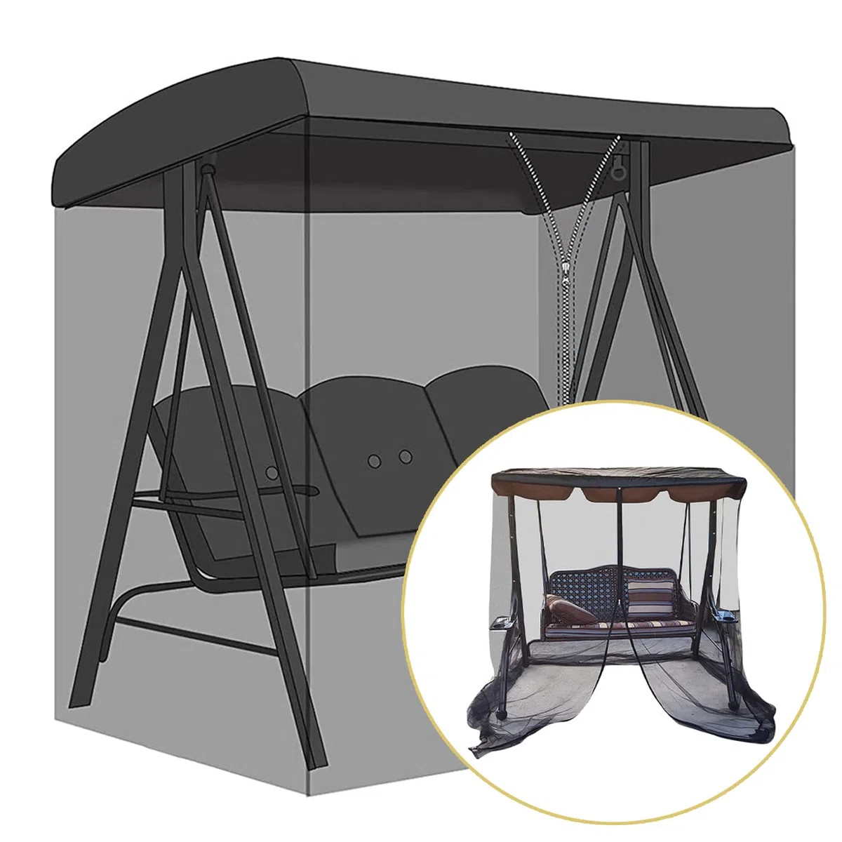 Mosquitera para Columpio, Mosquitera con Cremallera para Columpio de Jardín de 2/3 plazas, Funda Toldo Malla de Poliéster con Cremallera y Techo de Impermeable,205x125x205cm