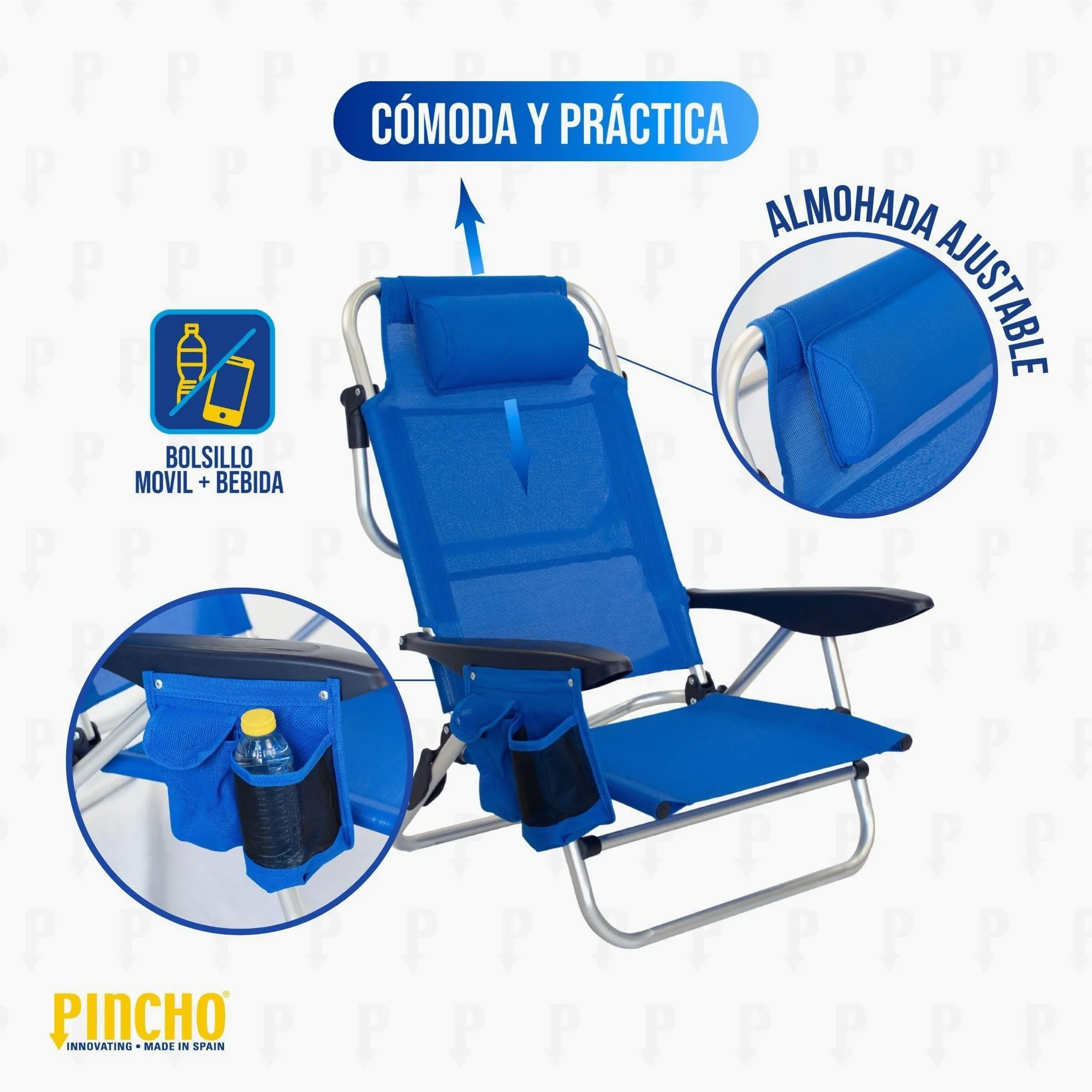 Pincho Silla de Playa Reclinable Aluminio 4 Posiciones Plegable Ligera Resistente 110kg textilene Transpirable con Reposacabezas y Bolsillos Azul Turquesa y Marino