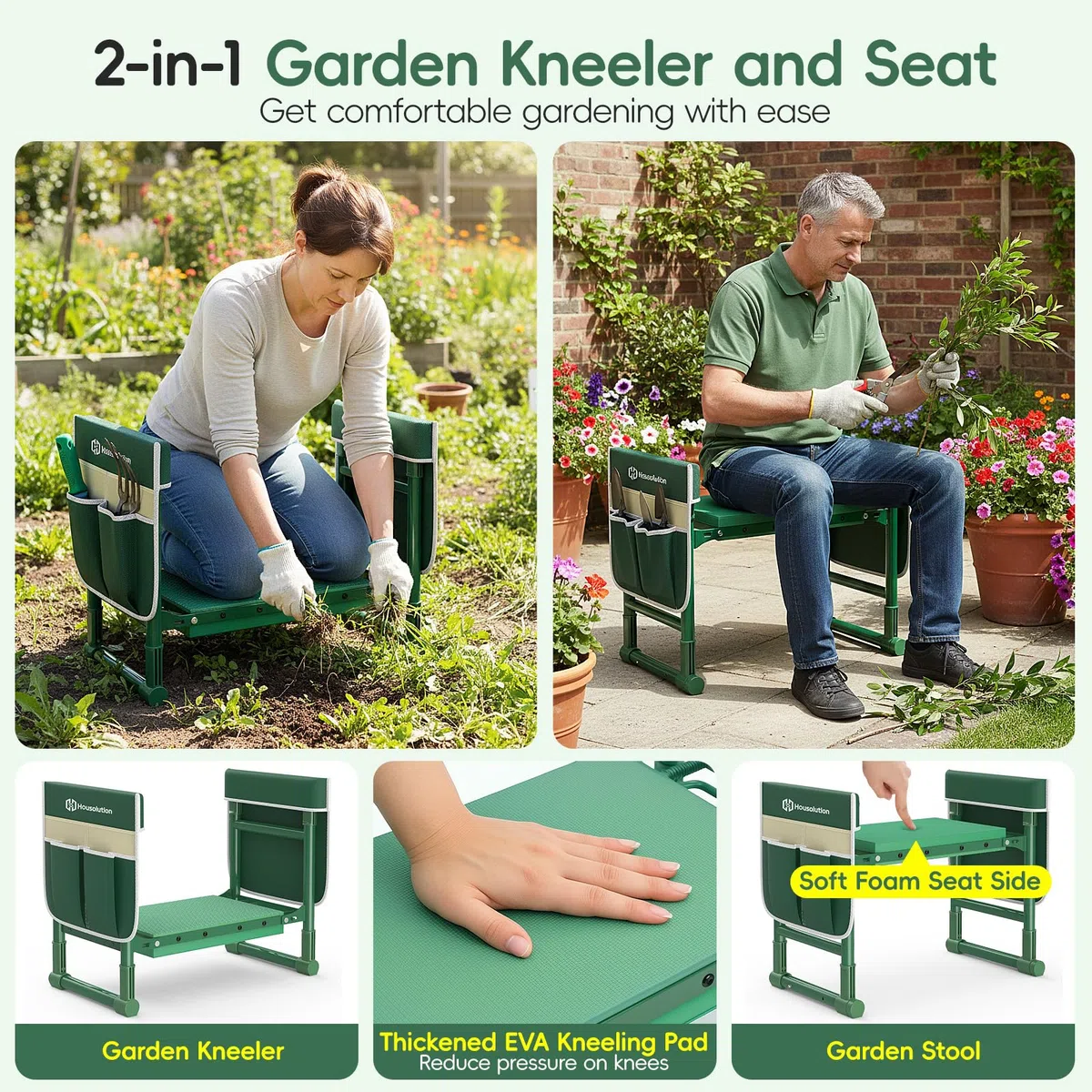 Housolution Rodillera y Asiento de Jardín Patas Extensibles Anti-Caída, Taburete Plegable con 2 Bolsas Herramientas, Almohadilla Gruesa Suave – Regalo Jardinería para Mujeres Hombres Adultos Mayores