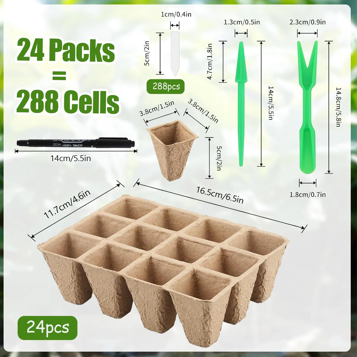Macetas de Cultivo biodegradables cuadradas,24 Piezas Macetas Biodegradables para Plántulas y Trasplantes con 288 pcs Etiquetas de Plantas de Plástico para jardín, invernaderos o huertos