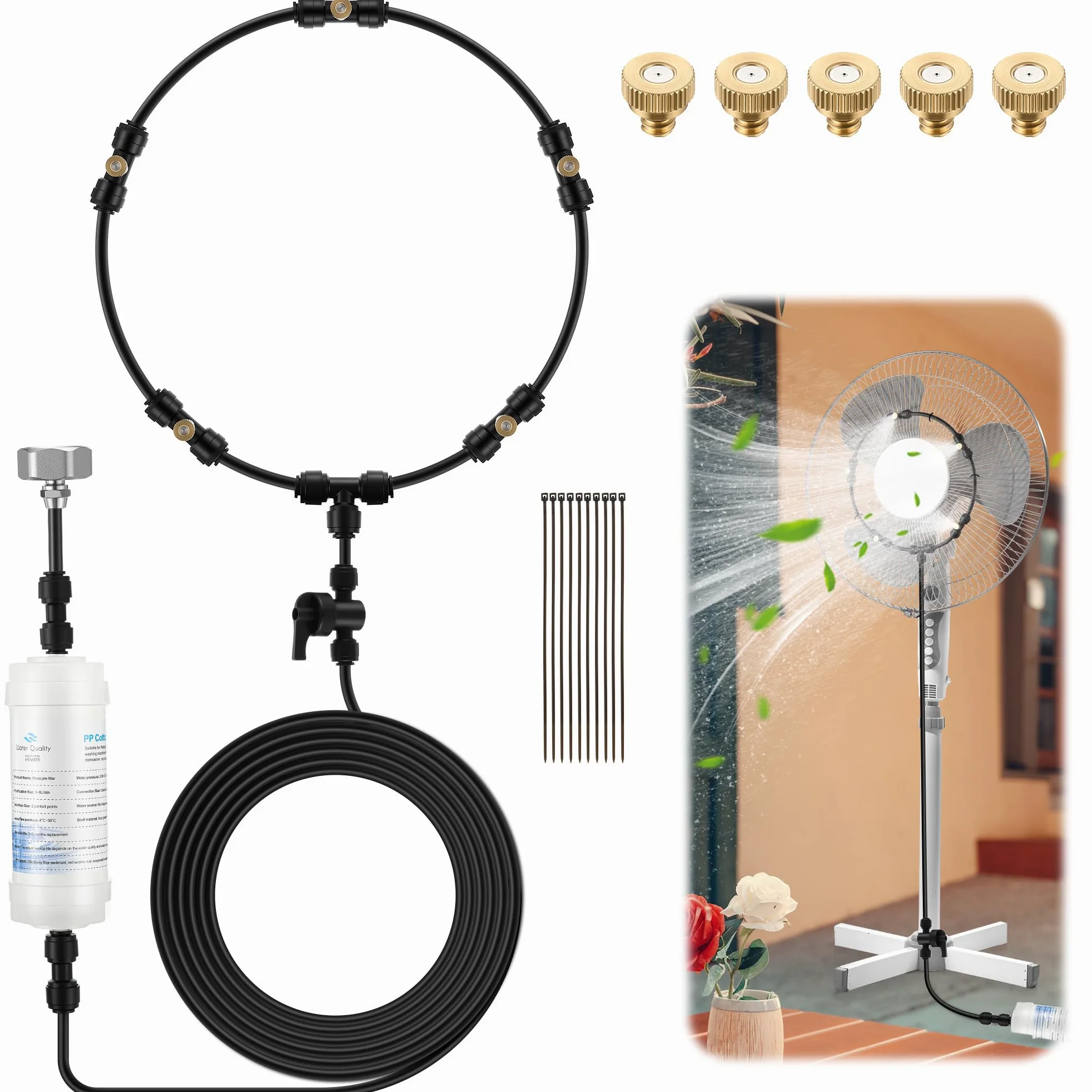 Enhon Kit de ventilador de nebulización para exteriores con filtros, línea de nebulización de 32.8 pies, 5 boquillas de latón, ventilador de refrigeración con válvula de interruptor para patio, jardín