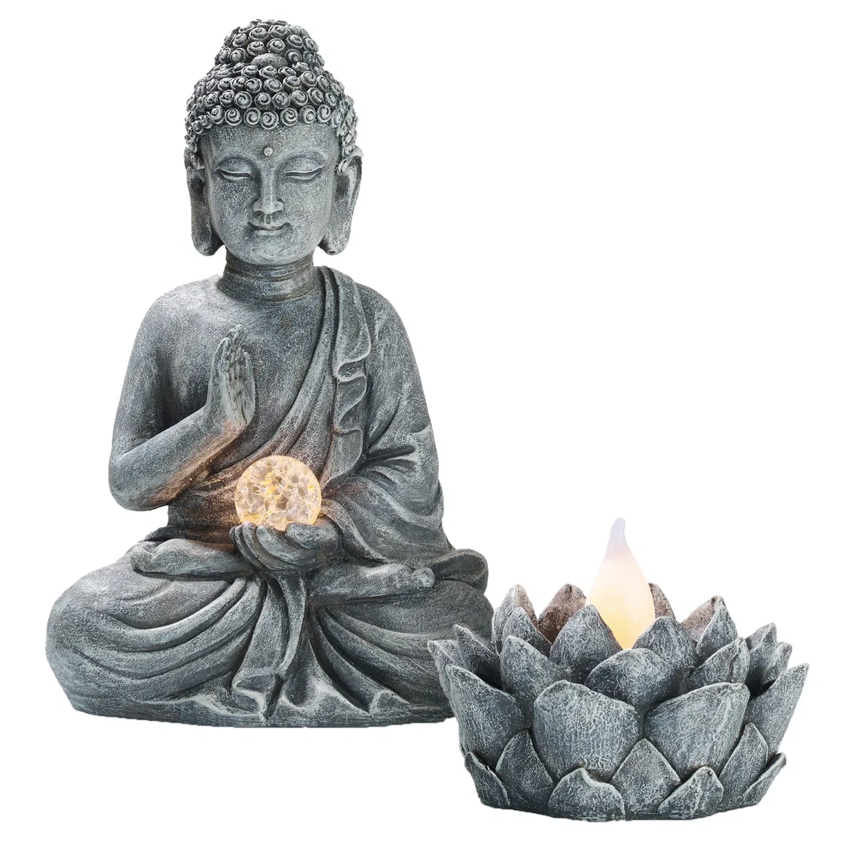 TERESA'S COLECTIONS - Decoración de jardín al Aire Libre Buda con Loto Solar, Juego de 2 Adornos de Buda meditando Luces solares para Exteriores, Decoraciones para el jardín, Regalo para Mujer
